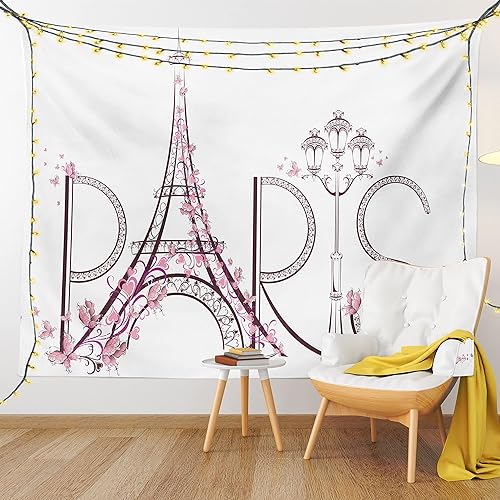 Miniatura 9 de Ambesonne Tapiz de París, diseño floral de flores de la torre Eiffel, diseño floral, para colgar en la pared para dormitorio, sala de estar,