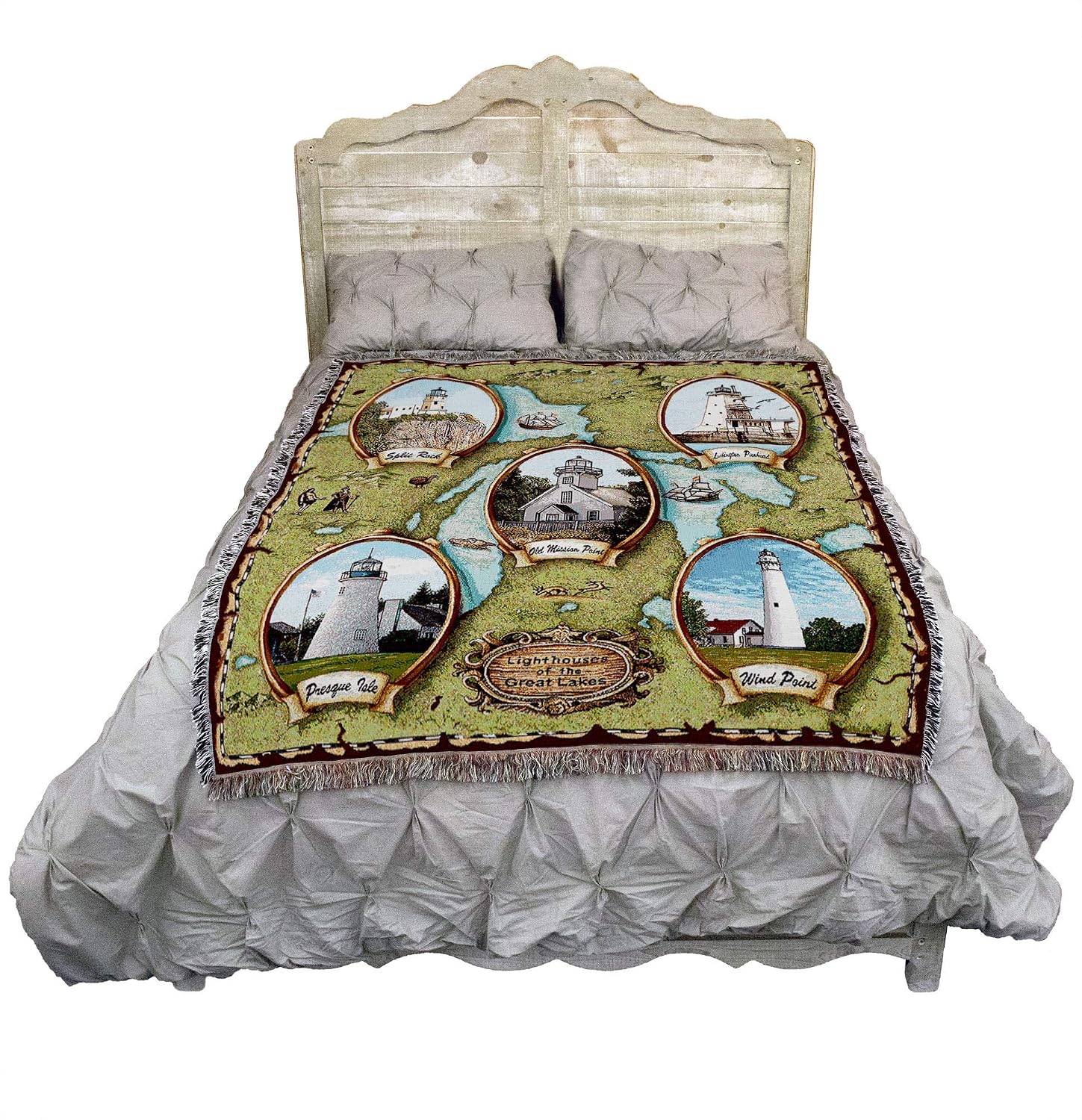 Pure Country Weavers Lighthouses of the Great Lakes Blanket - Wind Point Presque Old Mission Split Rock Ludington - Coastal Ocean Gift Tapestry Throw Woven from Cotton - Made in the USA (72x54)