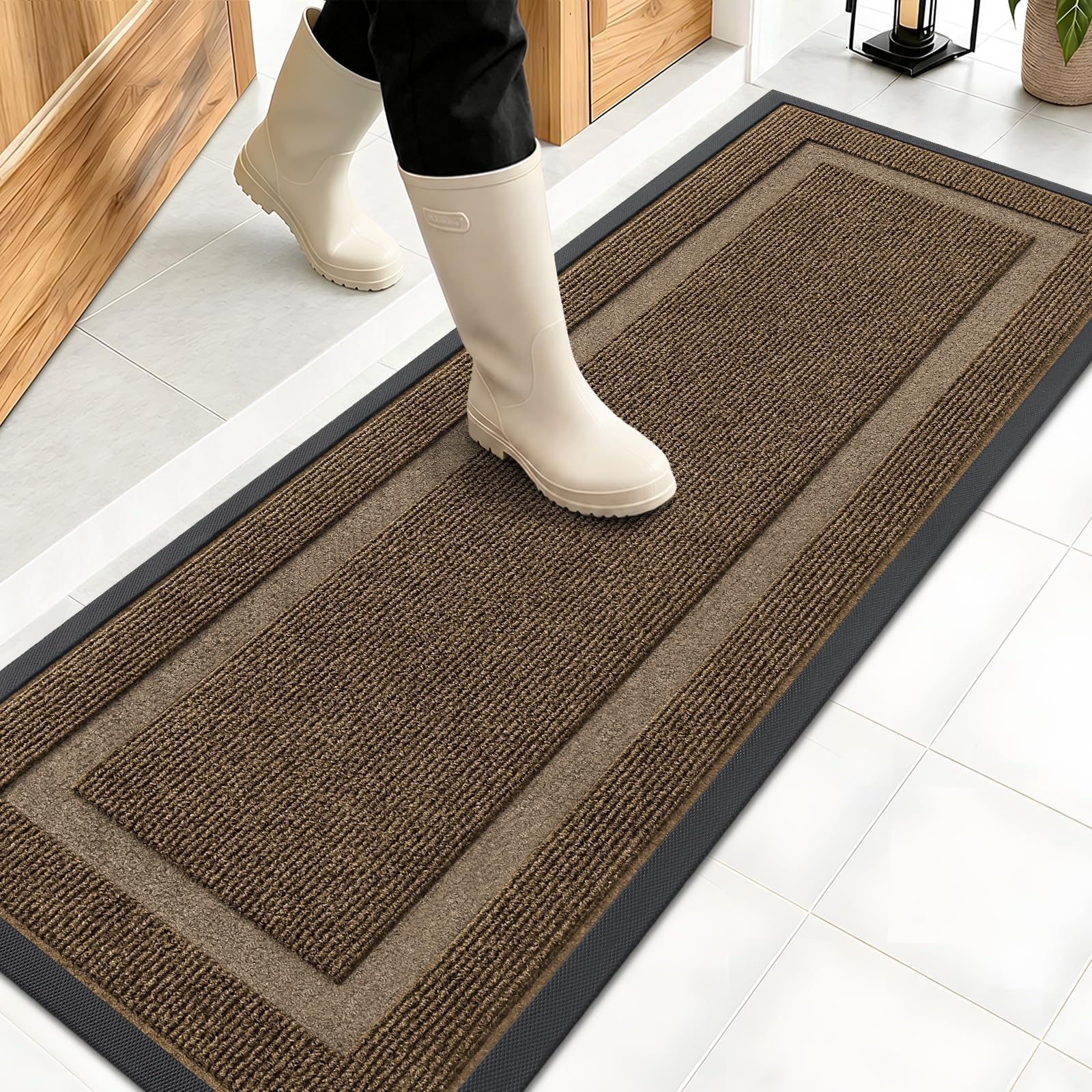 OLANLY Front Door Mat Outside 47x17, All-Season Heavy-Duty Rubber Doormat | Brown, Absorbent, Stain and Fade Resistant, Waterproof Non-Slip Backing, Low-Profile Indoor Outdoor Floor Mat for Entryway