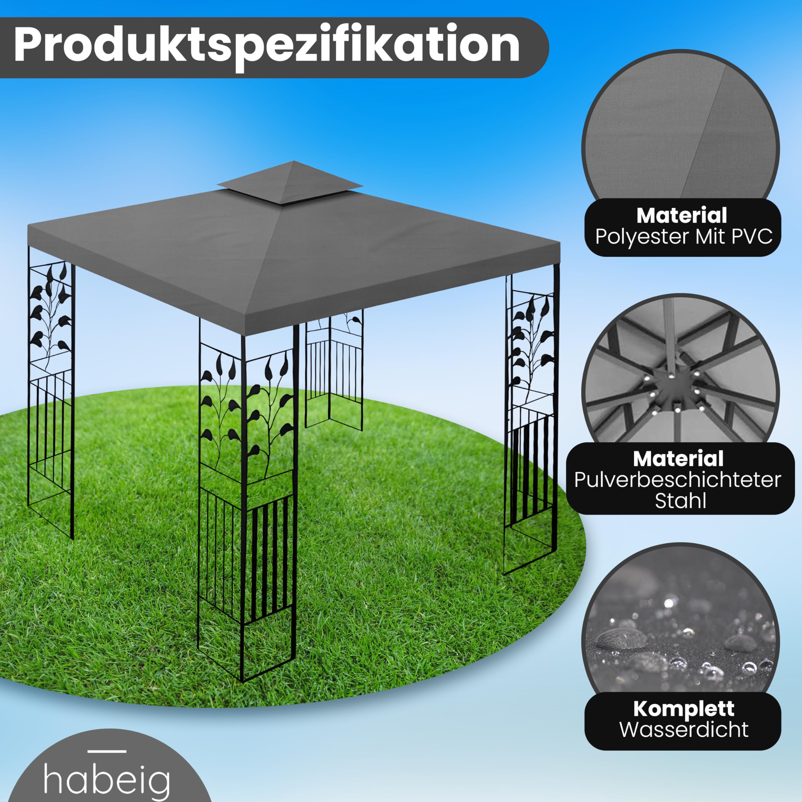 WASSERDICHTER Pavillon TOSKANA 3x3m Metall inkl. Dach Festzelt wasserfest Partyzelt (Anthrazit)