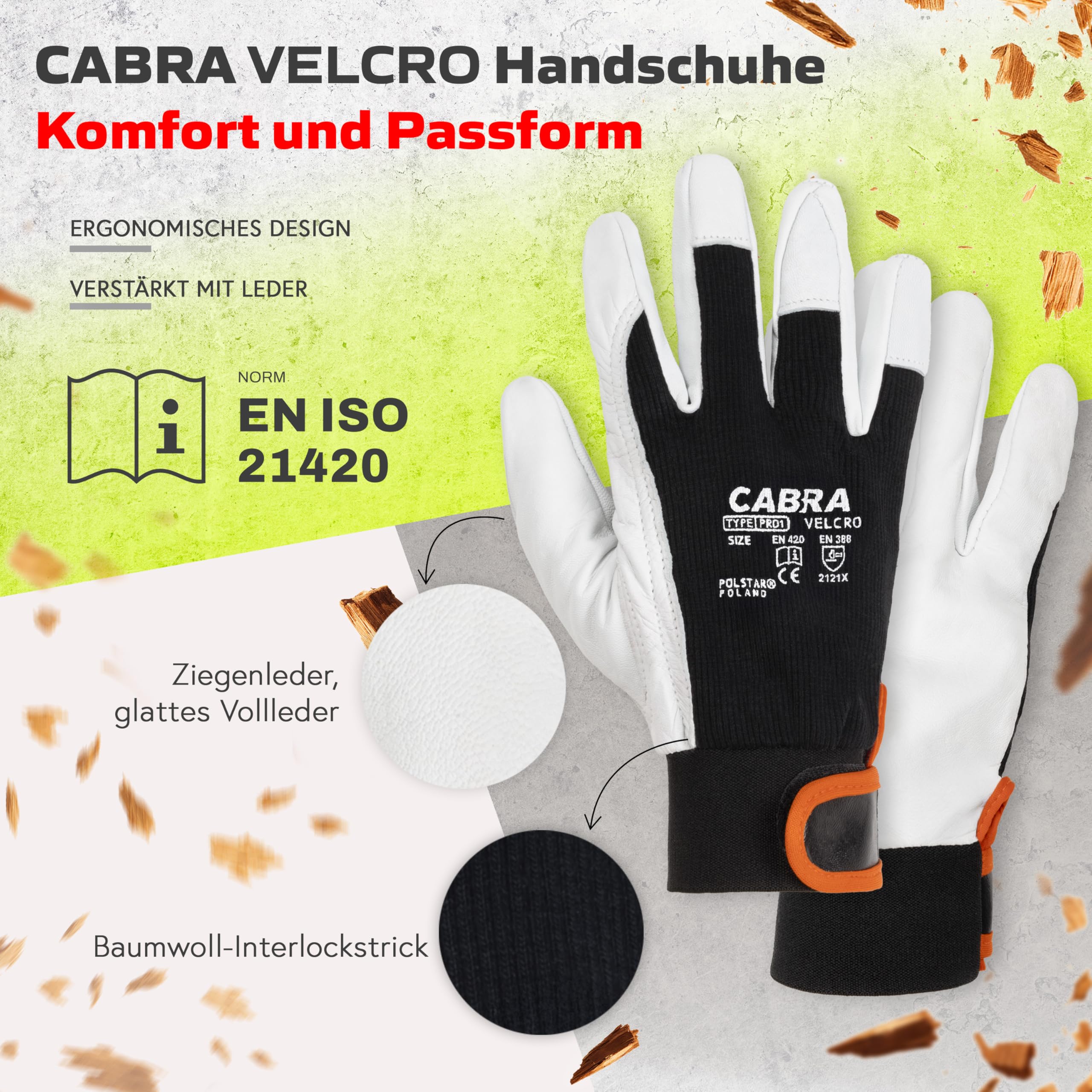 Covent Arbeitshandschuhe Herren Leder Gr 10 - Ziegenleder Handschuhe EN388 2121X – Schutzhandschuhe für Elektriker, Verpackungsmitarbeiter und Gärtner - Elastischer Klettrand