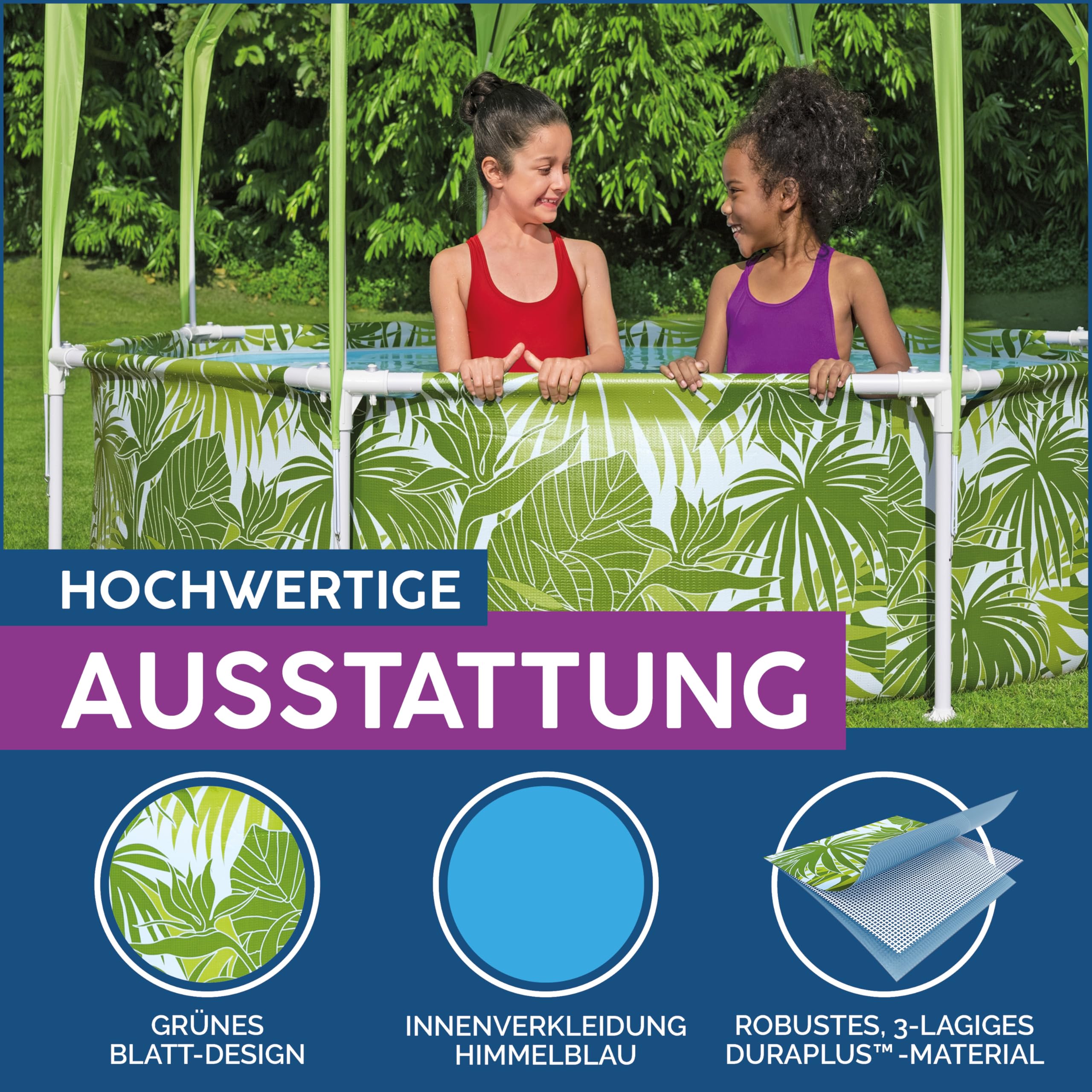 Bestway Steel Pro Frame Pool mit Sonnenschutzdach 244x51 cm – Runder Gartenpool mit Sprinkler & UV-Schutz, Aufstellpool für Kinder & Familie, Grünes Blätter-Design Sommer