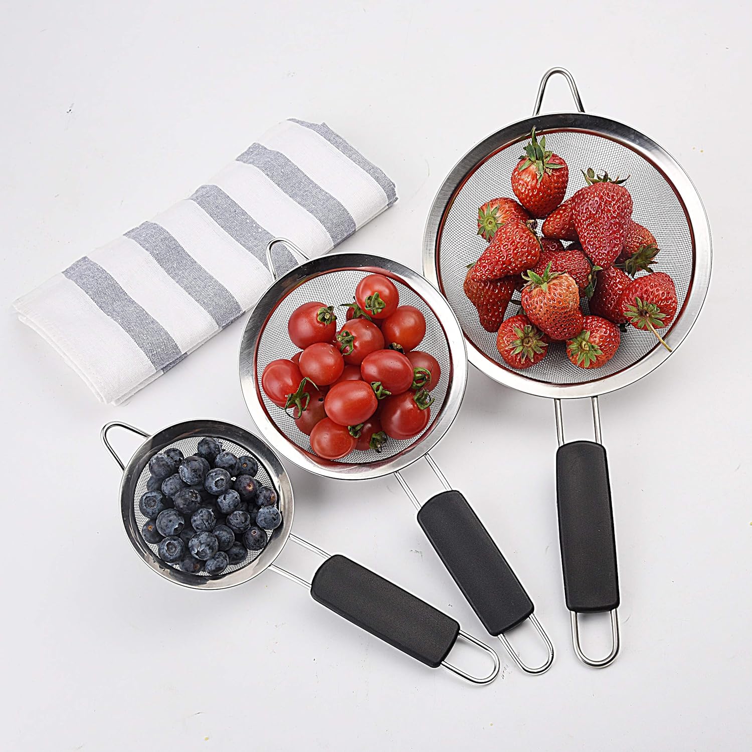 ZESPROKA Stainless Steel Fine Mesh Strainers Set of 3–Large, Medium & Small Sifters with Comfortable & Non Slip Handles – Ideal for Pasta, Rice, Quinoa, Baking, Black, 14” 11” 8”, (ZA01)