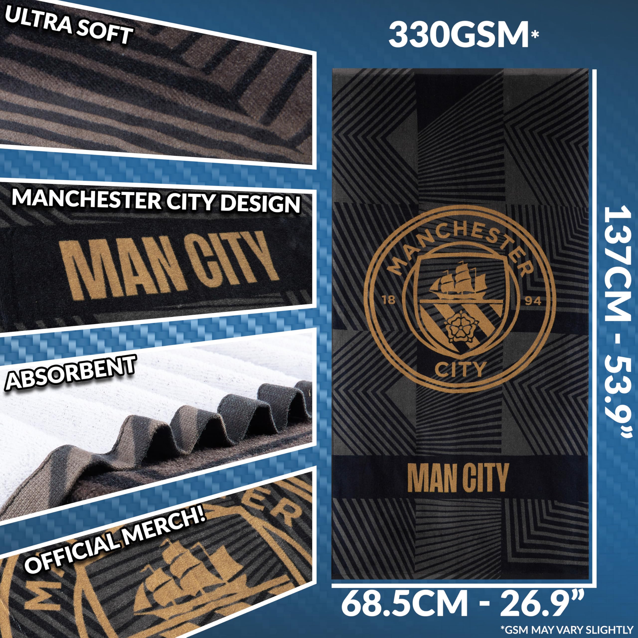 Manchester City F.C. Toallas de baño de terciopelo 140 x 70 pulgadas 100% algodón negro
