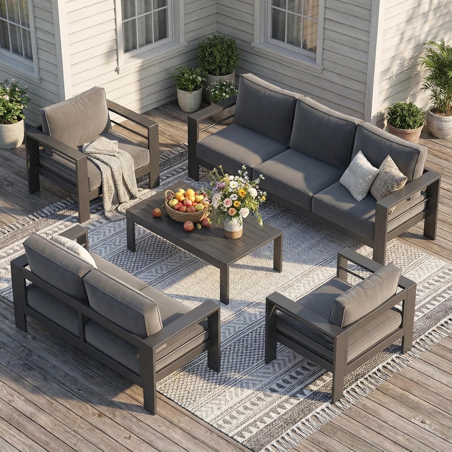 Solaste Aluminum Patio Furniture Set for All Weather, Oversized Metal Outdoor Furniture Set with 27.5" Deep Seating and 3.2" Wide Armrest, Outdoor Patio Conversation Sets with 10" Back Cushion, Gray