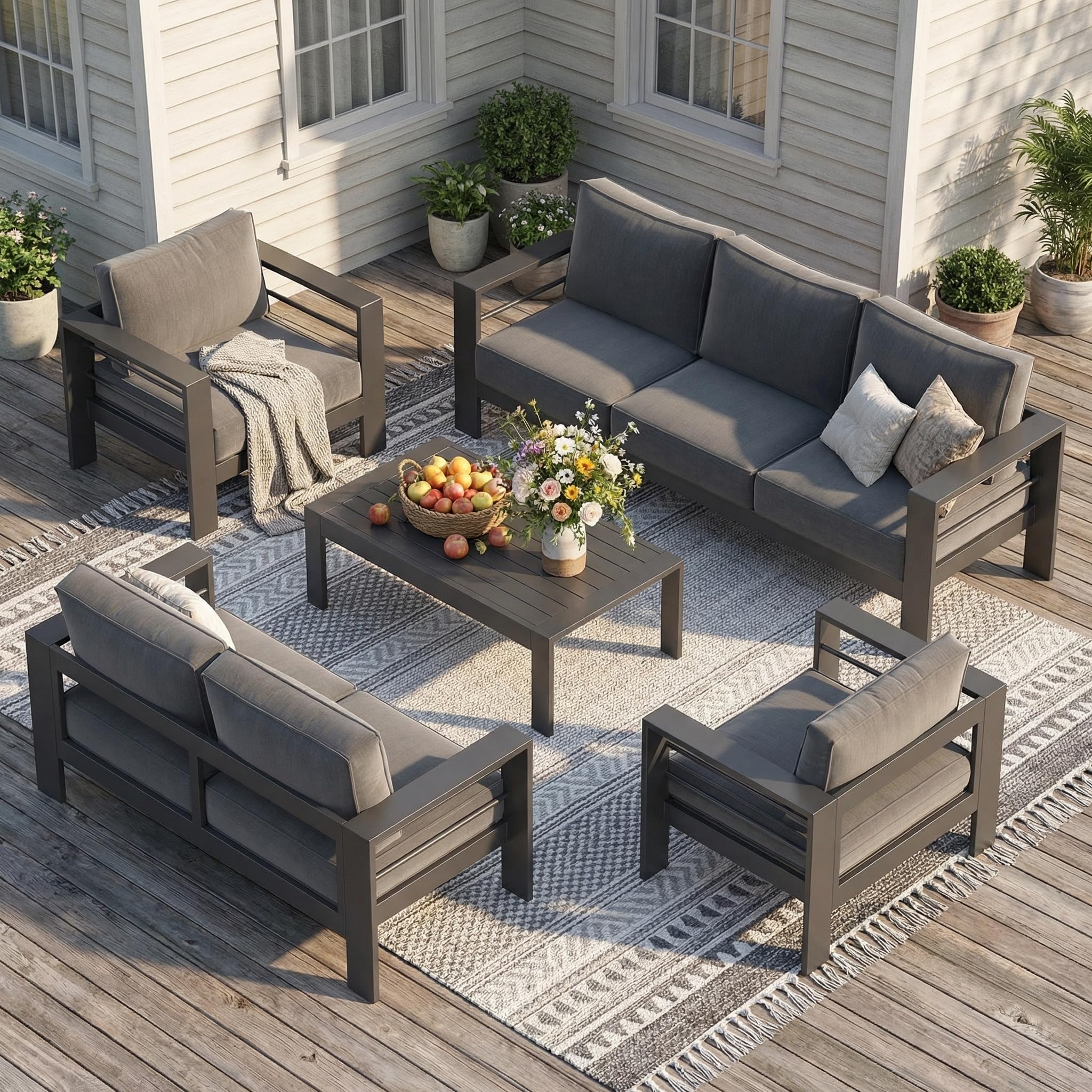 Solaste Aluminum Patio Furniture Set for All Weather, Oversized Metal Outdoor Furniture Set with 27.5" Deep Seating and 3.2" Wide Armrest, Outdoor Patio Conversation Sets with 10" Back Cushion, Gray