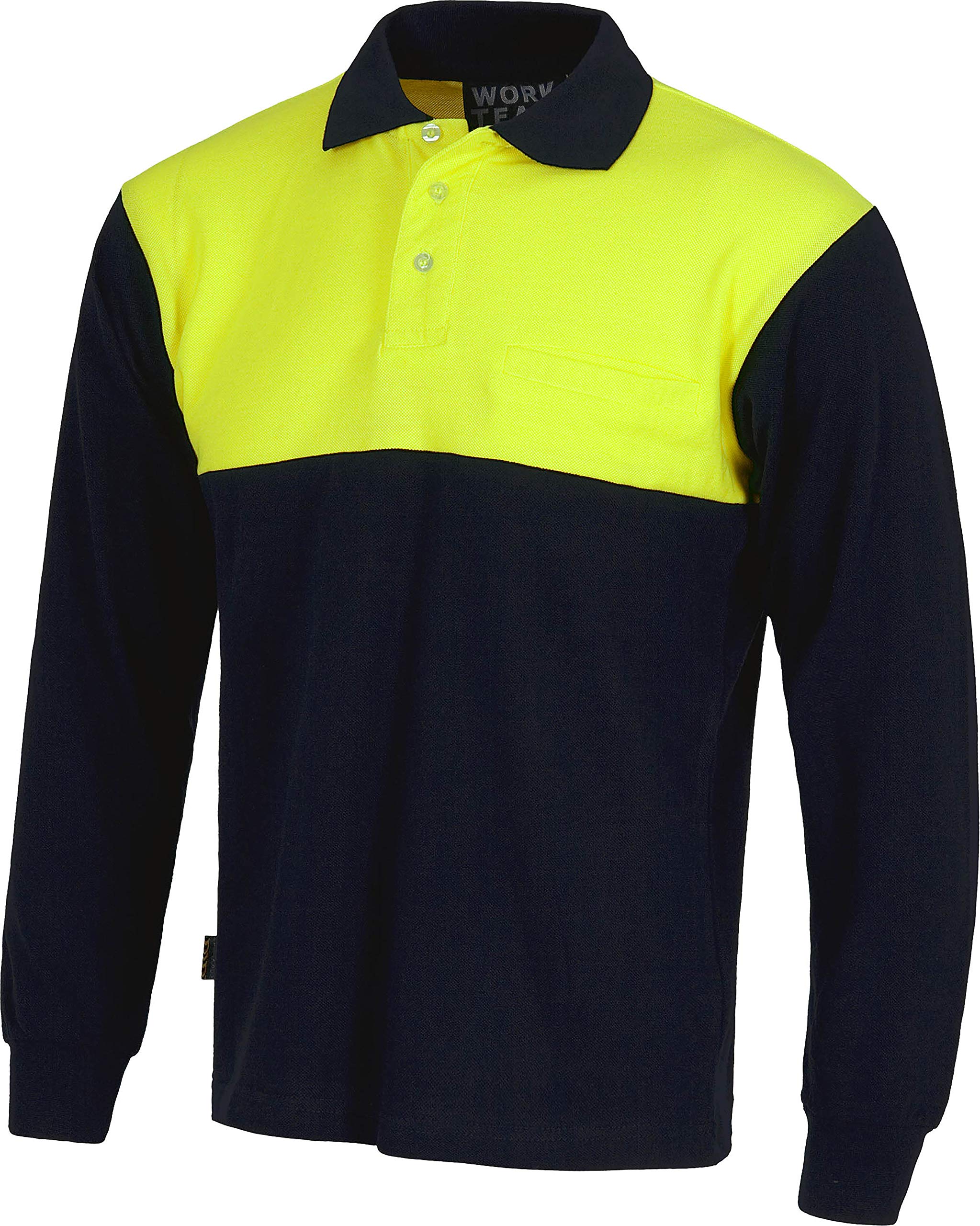 WORKTEAM Polo Combinado de Manga Larga en Algodón Piqué, Parte Superior de Alta Visibilidad, Cuello Clásico con Botones, Bolsillo de Pecho, Unisex
