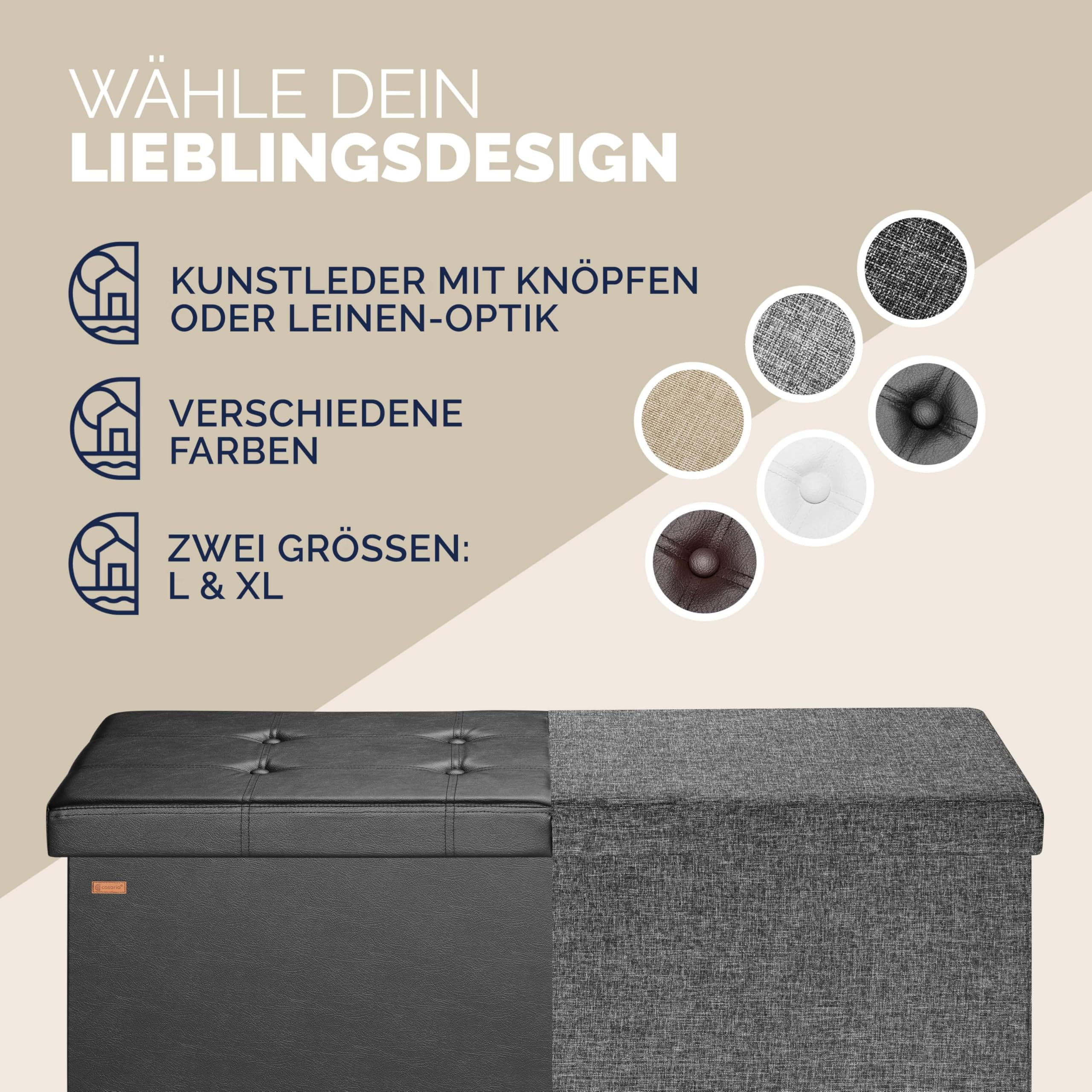 Casaria® Sitzbank mit Stauraum, Schwarz - Faltbar, 115 x 40 x 40 cm, 130L Volumen, bis 300 kg belastbar, gepolstert, Leinen-Optik - Aufbewahrungsbox mit Deckel, Sitztruhe mit Stauraum, Polsterbank