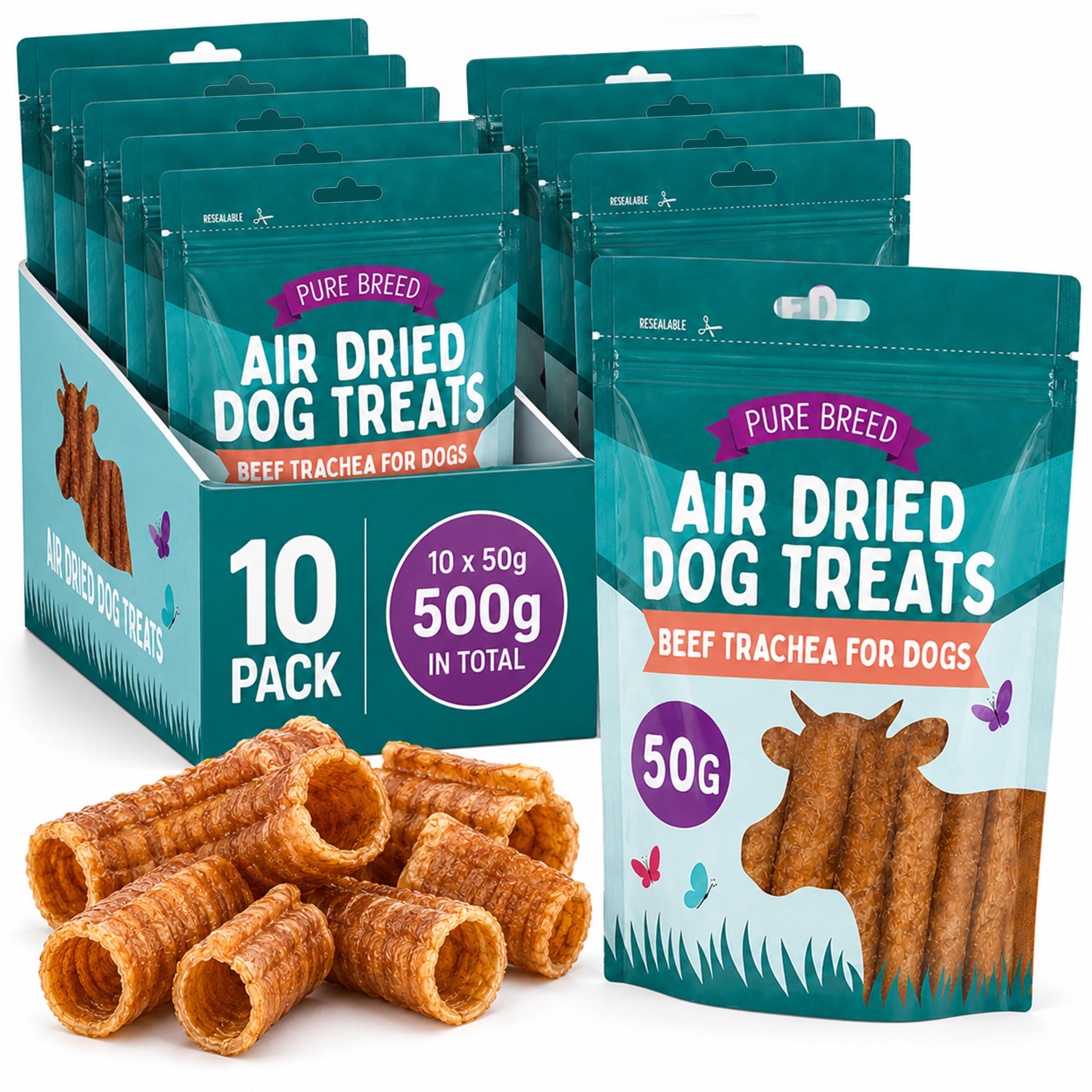 Pure Breed 10pk Beef Trachea For Dogs Natural Dog Treats 500g