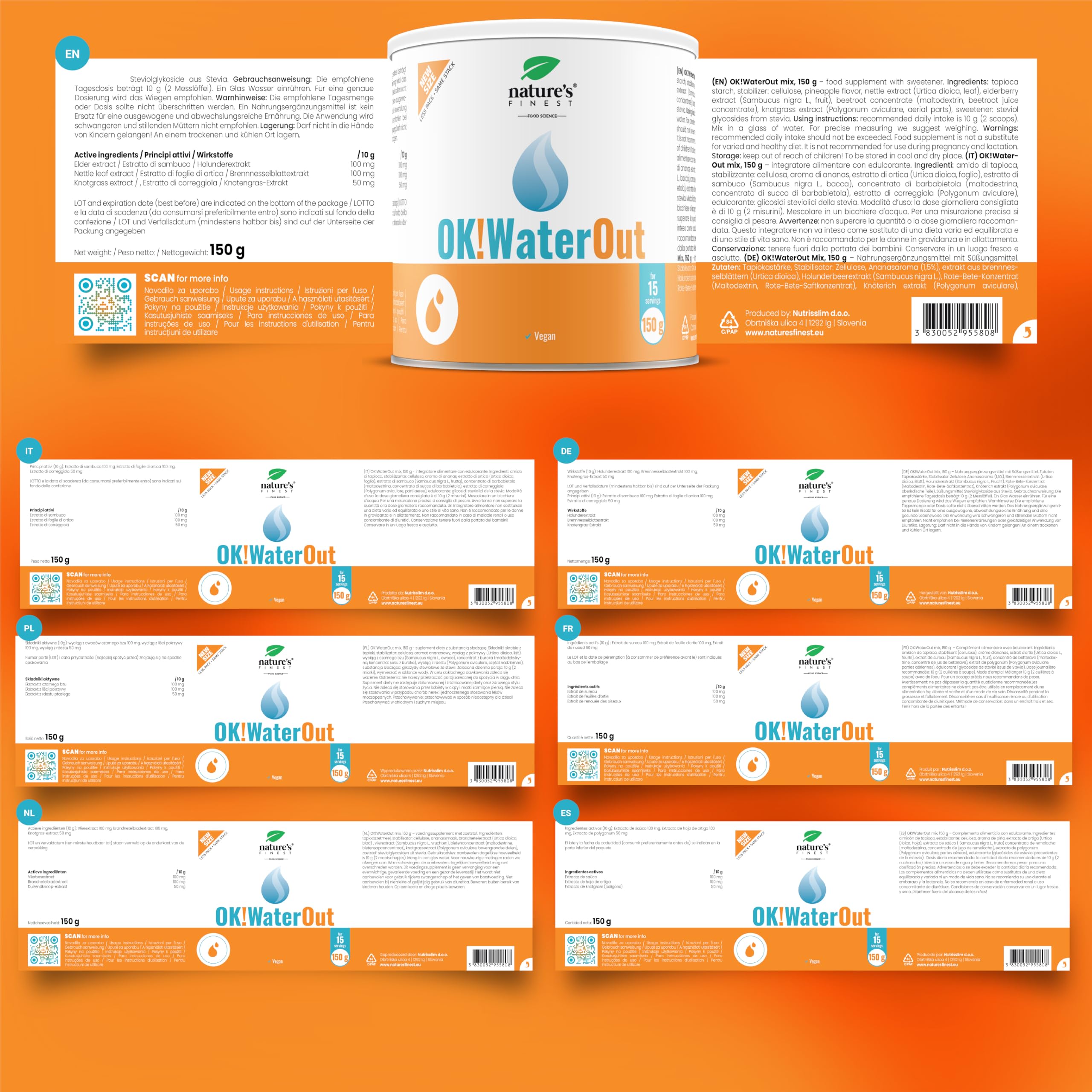 OK!WaterOut - Puissant Contre la Rétention d'Eau - 300g pour 1 Mois, Dose Puissante Sans Additifs Artificiels - Vegan Poudre Complément à base d'Ortie et Sureau