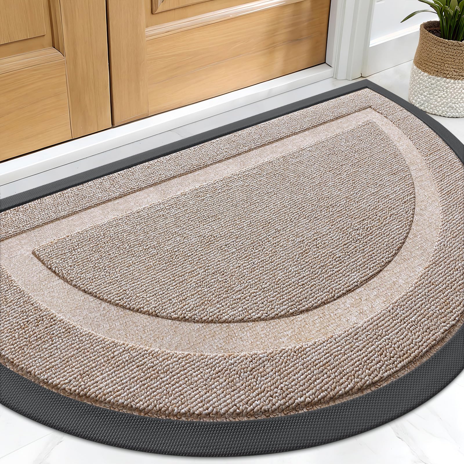 OLANLY Half Circle Front Door Mat Outside 29.5x17 All-Season Rubber Doormat | Camel, Absorbent, Heavy-Duty, Stain and Fade Resistant, Waterproof Non-Slip Backing, Low-Profile Indoor Outdoor Entryway Mat