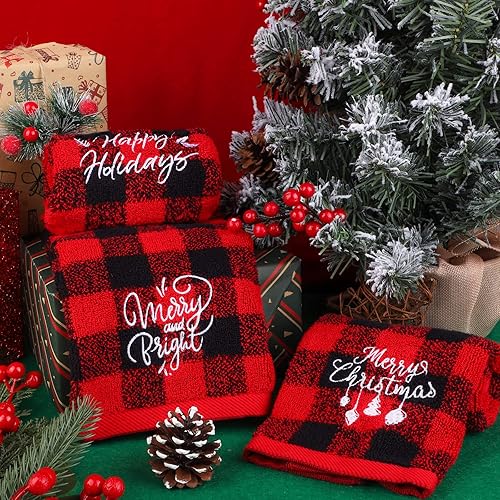 Miniatura 4 de MCEAST Paquete de 6 toallas de mano navideñas a cuadros rojos y negros, toallas suaves de algodón puro para baño, cocina, hogar y decoración de
