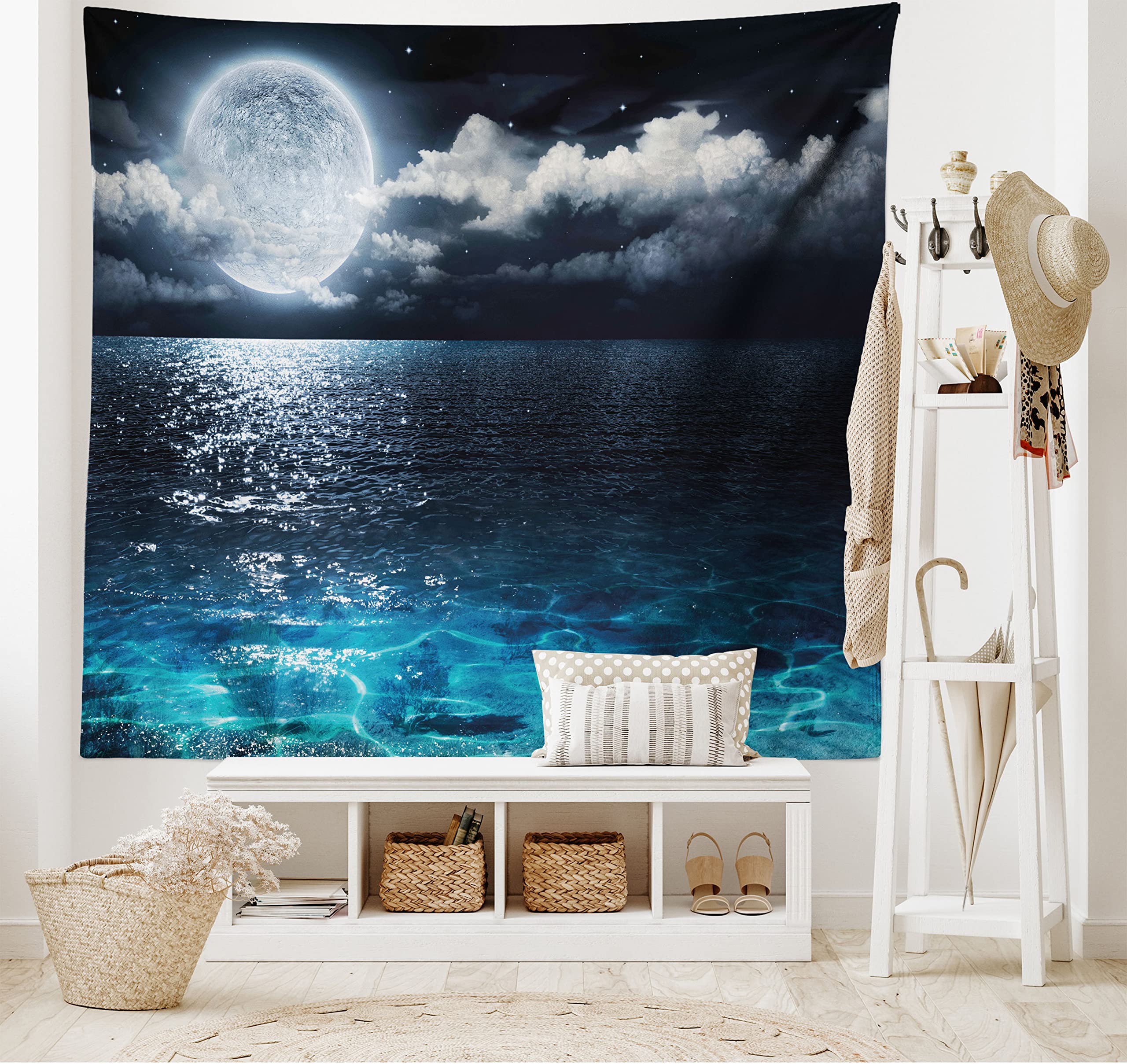 Ambesonne Night Sky Tapestry, Full Moon and Foggy Clouds with Turquoise Glass Like Sea Ocean Print, Wide Wall Hanging for Bedroom Living Room Dorm, 80