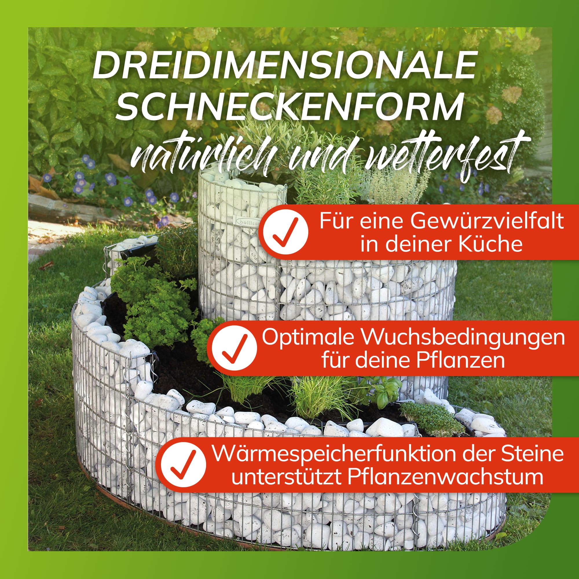 bellissa Gabionen Kräuterspirale Kräuterschnecke verzinkt 110x90x60 cm | Bausatz für Hochbeet, Pflanzring für Kräuter & Gemüse mit Trennfolie, Witterungsbeständig & langlebig, für Garten & Terrasse