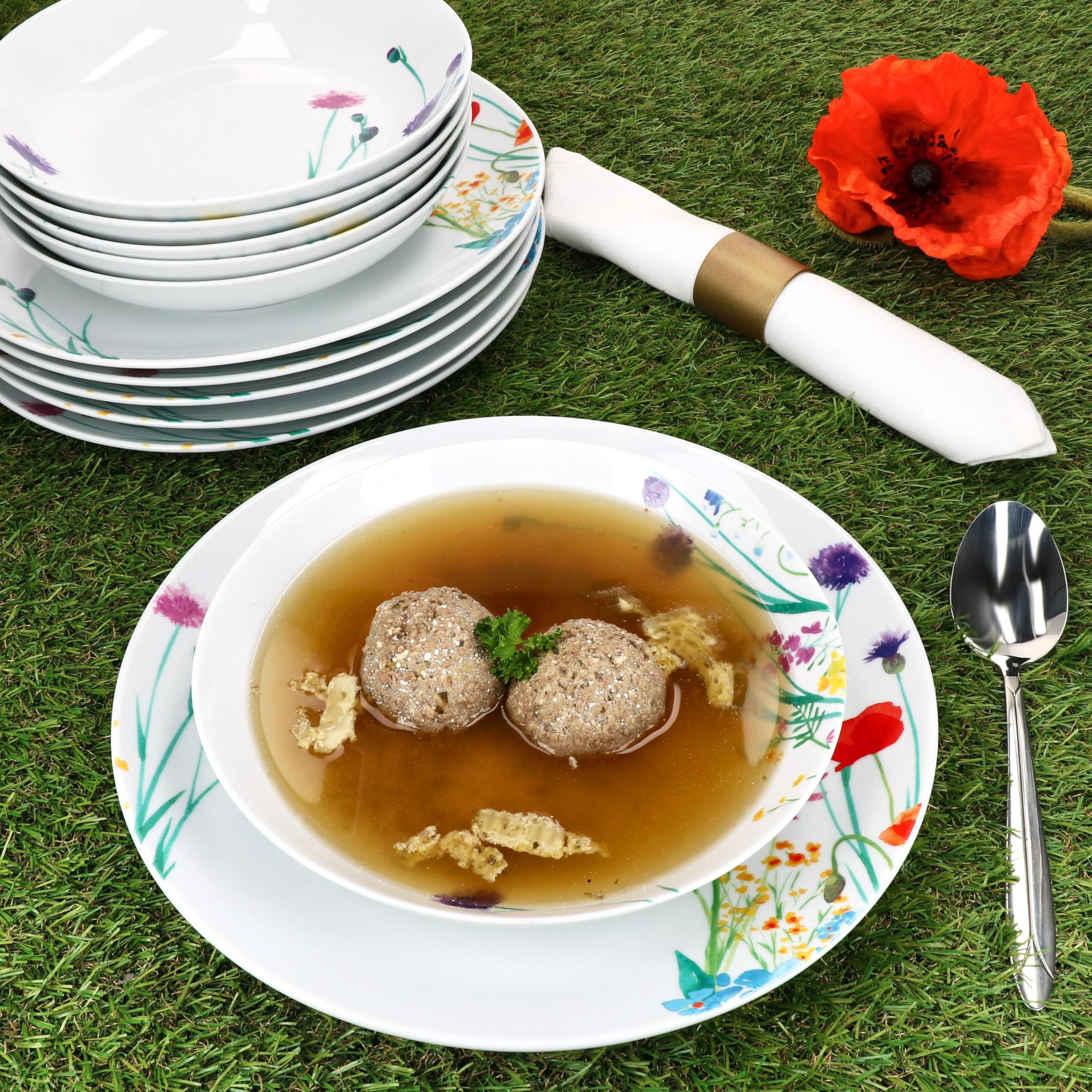 MamboCat Marie 12tlg Tafelservice I Porzellan-Geschirr mit Blumenwiese-Dekor für 6 Personen I 6X Suppenteller & 6X Speiseteller für Frühstück, Mittag & Abendbrot