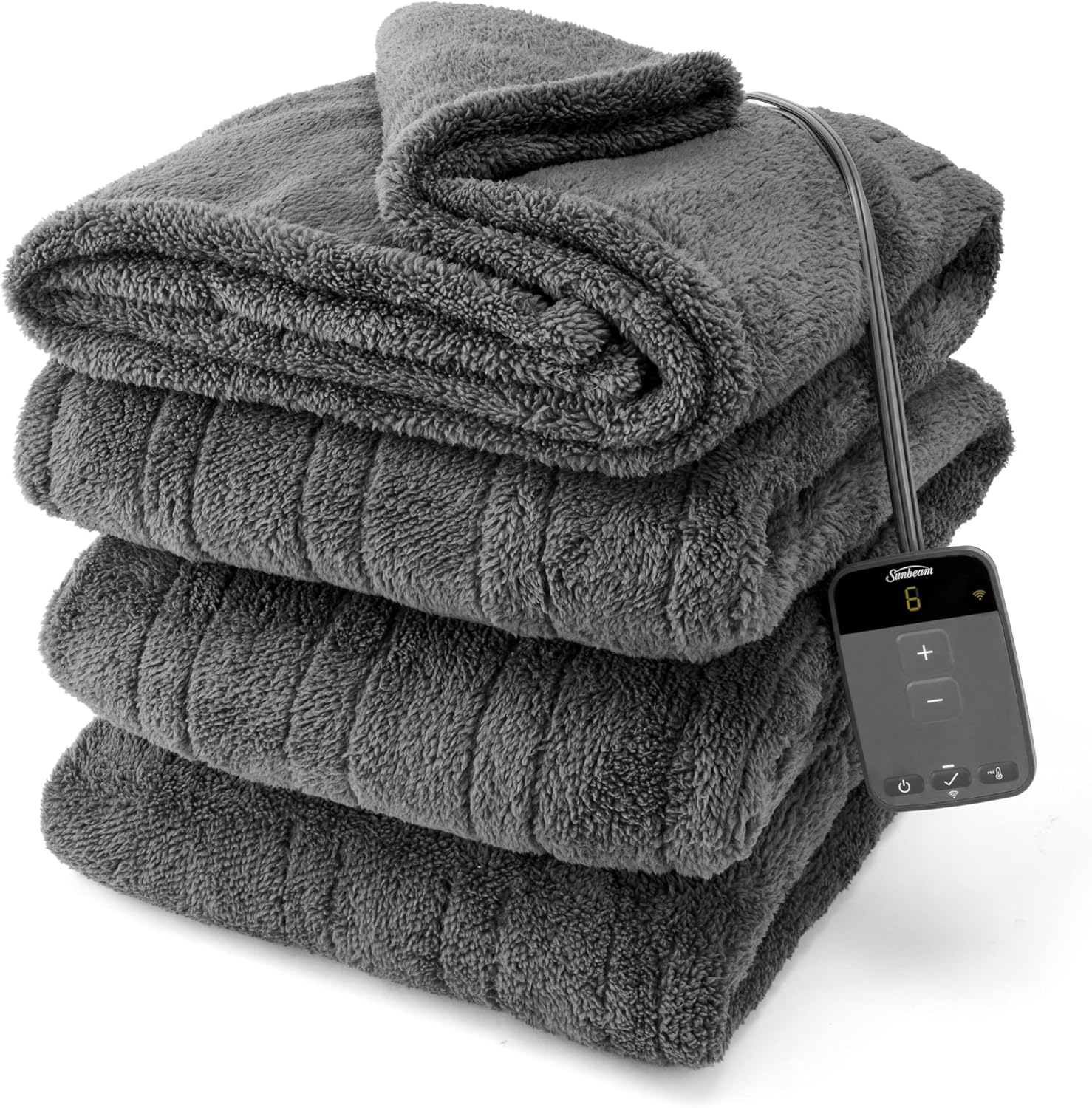 Sunbeam Electric Wi-Fi Connected Loftec Electric Heated Blanket, 10 Heat Settings, 10-Hour Auto Off, Fast Heating, Smart Heating Blanket, Voice & Wired Controller, Night Fog Grey, Twin, 84" x 62"