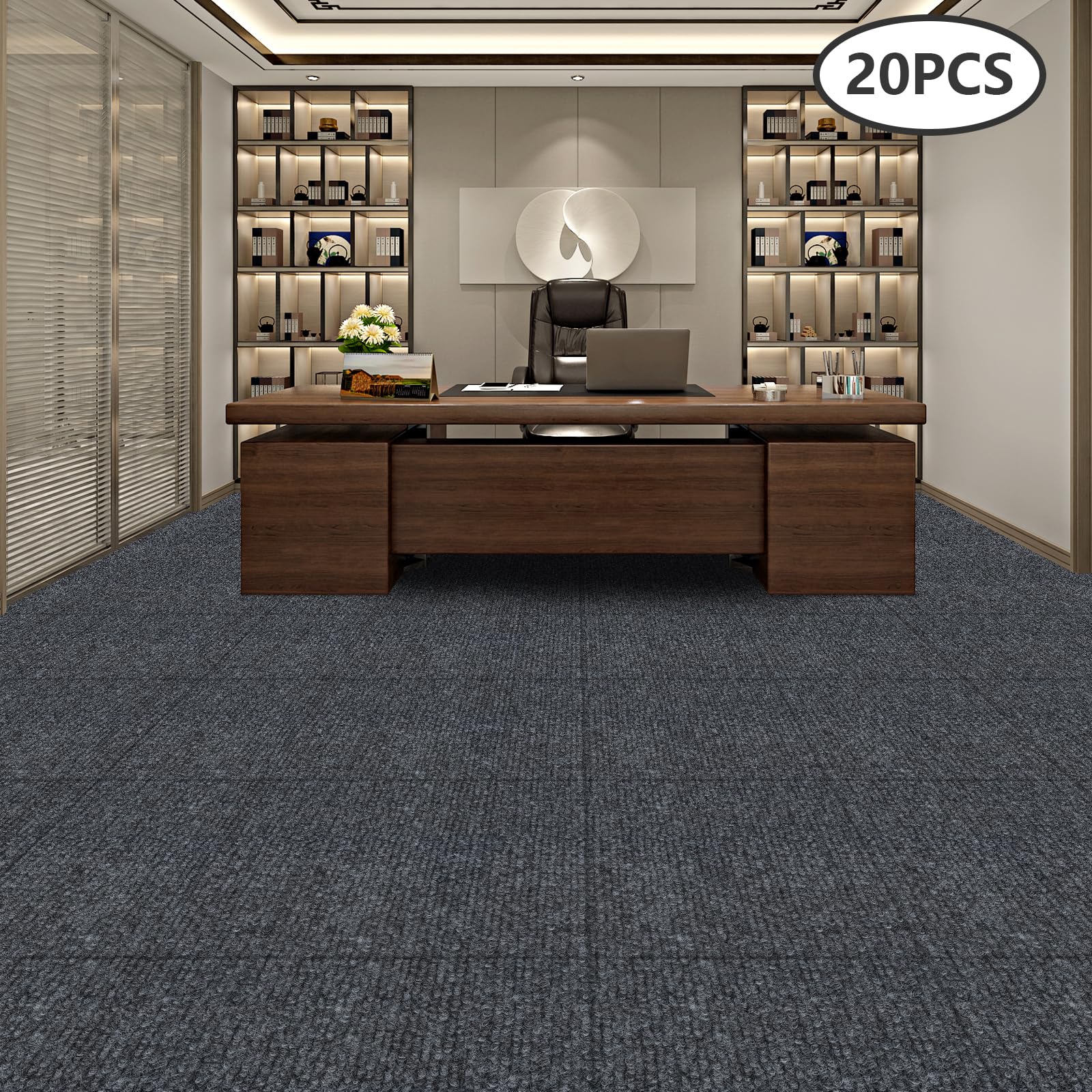 20 Stück Teppichfliesen, 50x50cm Teppichbodenfliese, Waschbarer Auslegware, Teppichfliesen Selbstklebend für Heim und Büro, Dunkelgrau