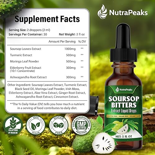 Miniatura 2 de Gotas líquidas amargas de guanábana Mezcla de hierbas prémium con hojas de guanábana, semillas negras, moringa, ashwagandha, senna, hierba de cabra