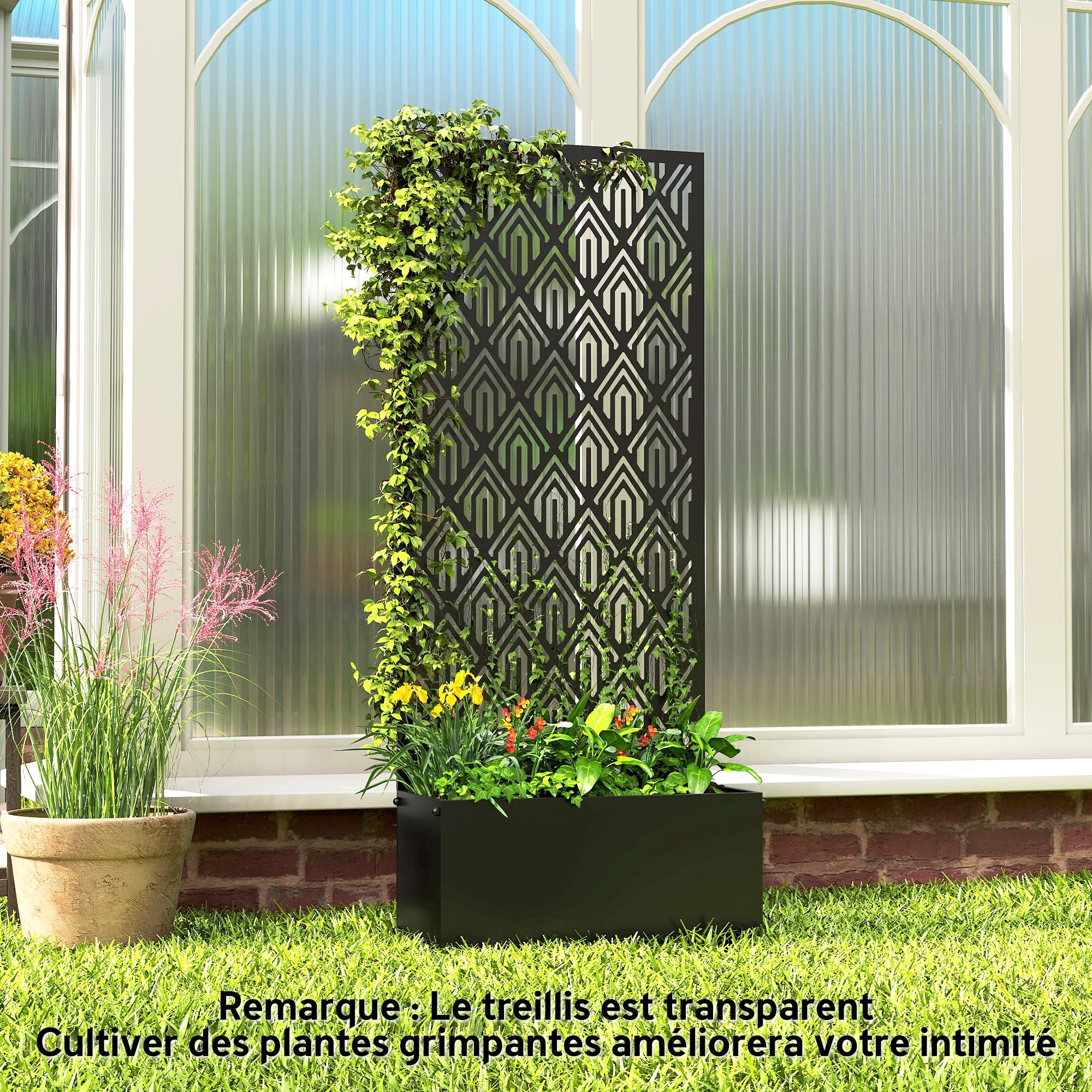Outsunny Jardinière avec Treillis, bac à Fleurs, lit surélevé avec Brise-Vue, à Motif géométrique, pour Plantes grimpantes, légumes, Fleurs, métal, intérieur et extérieur, 45x21,5x110cm, Noir