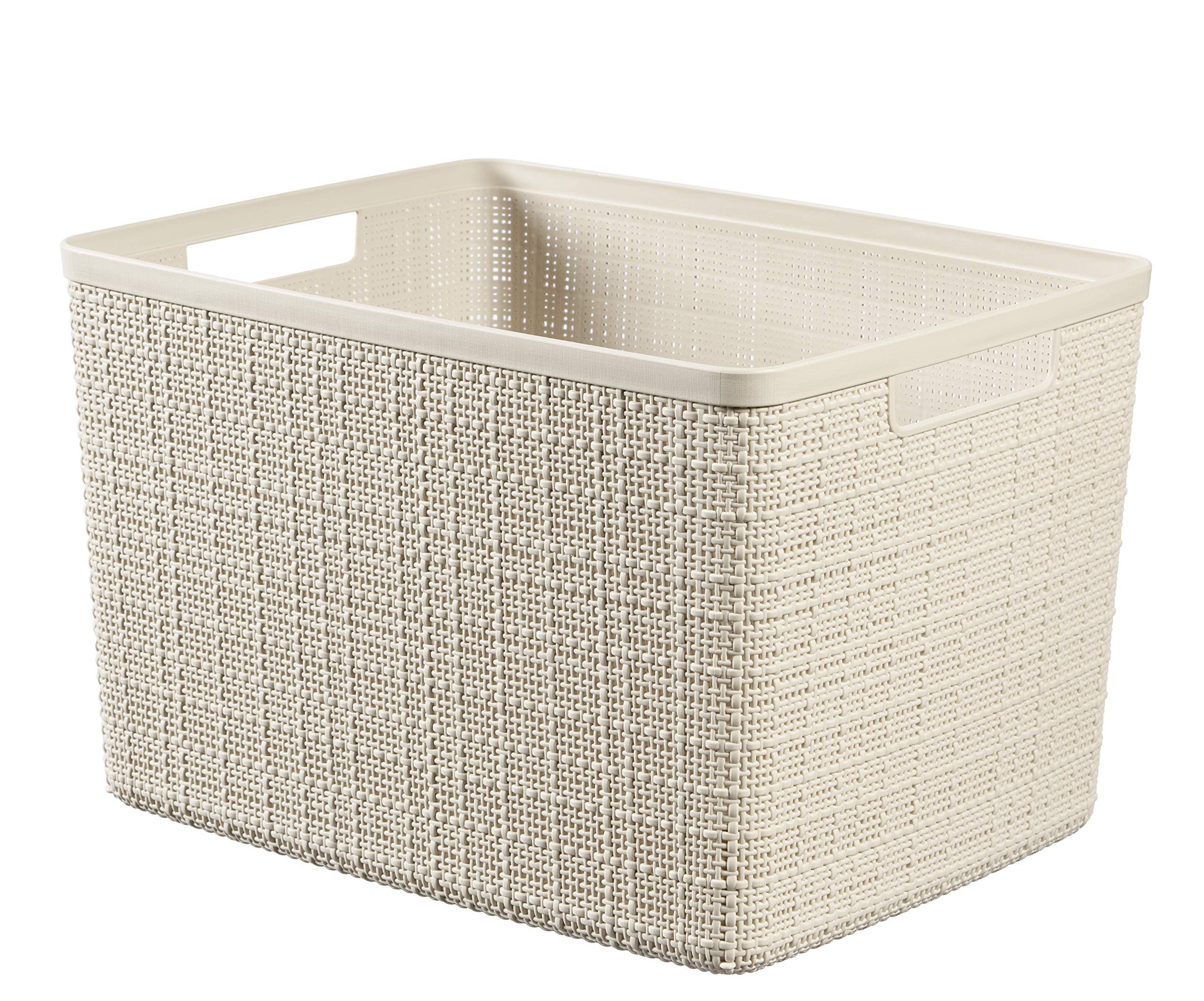 Curver Juliet- Cesta Rectangular Grande 20L, Almacenaje, Ordenación, 100% plástico Reciclado, Acabado Yute, 36x28xH23 cm, Blanco