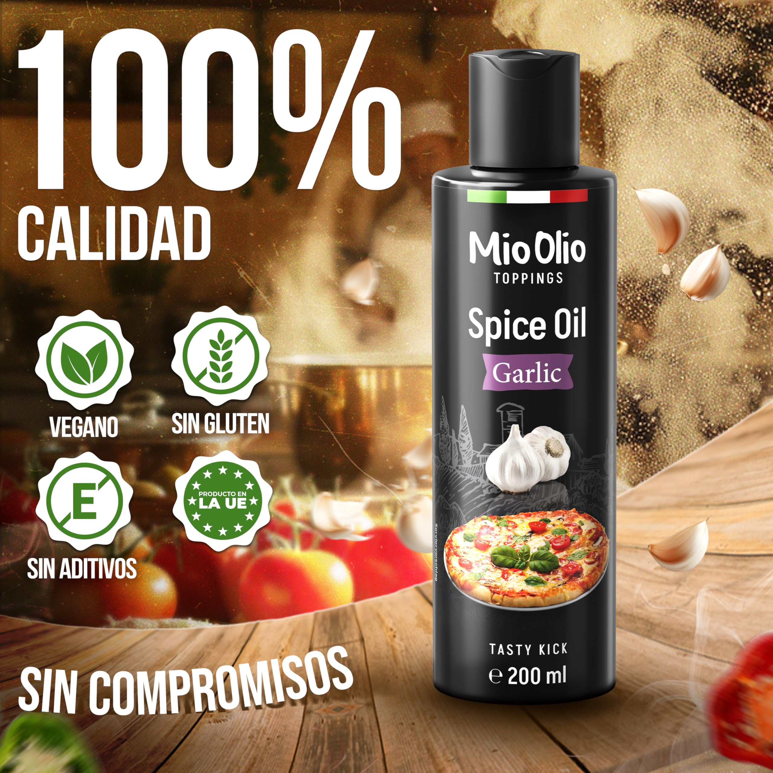 Mioolio 200 ml Aceite de Ajo - Aceite Aromático para Pizza, Pasta, Verduras y Carne - Sin Conservantes, Sin Gluten