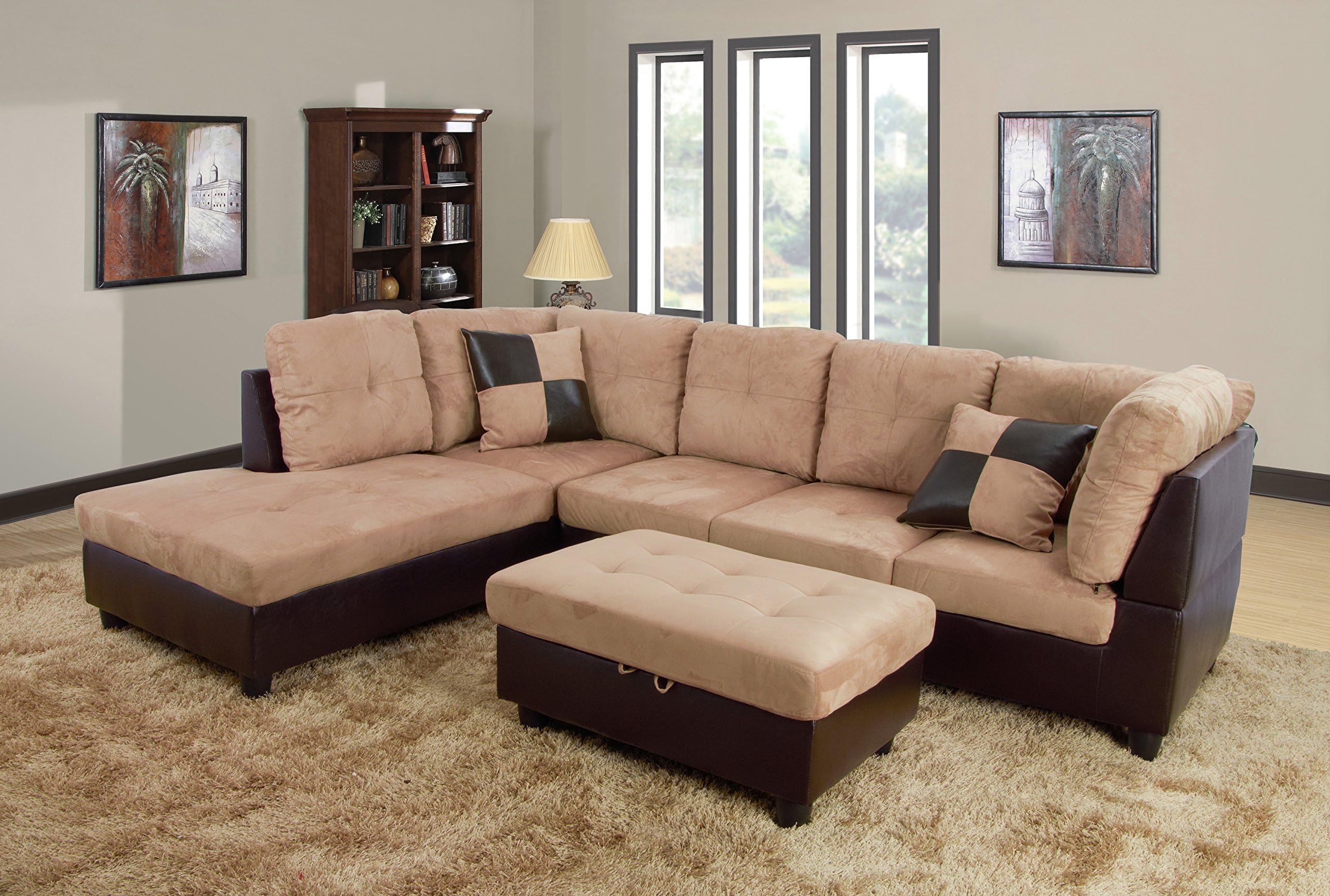 Andes 3 Seated Left Facing L Shaped Sectional Light Brown Sofa with Ottoman
