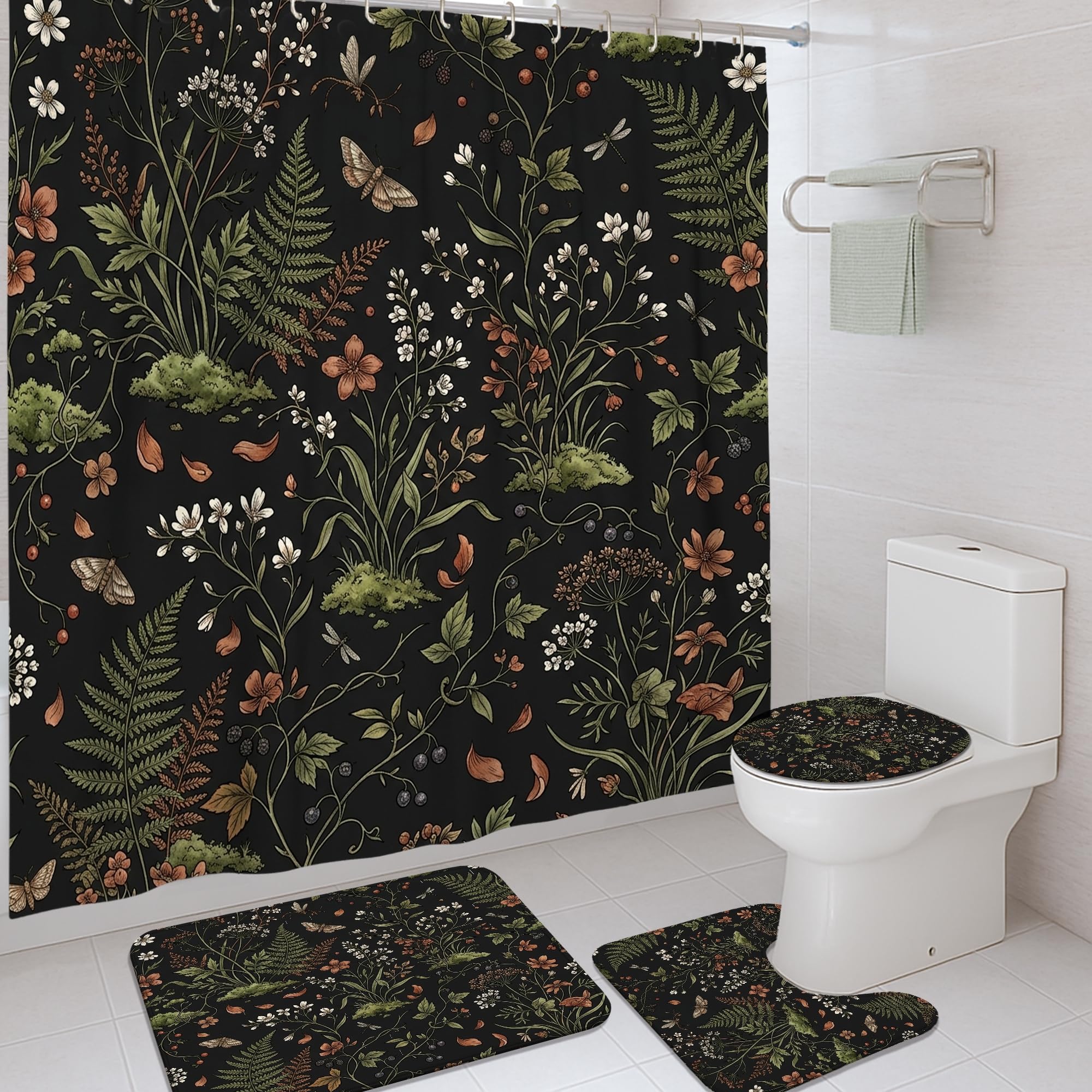 Rideau de douche anti-moisissure tissu noir fleuri avec tapis