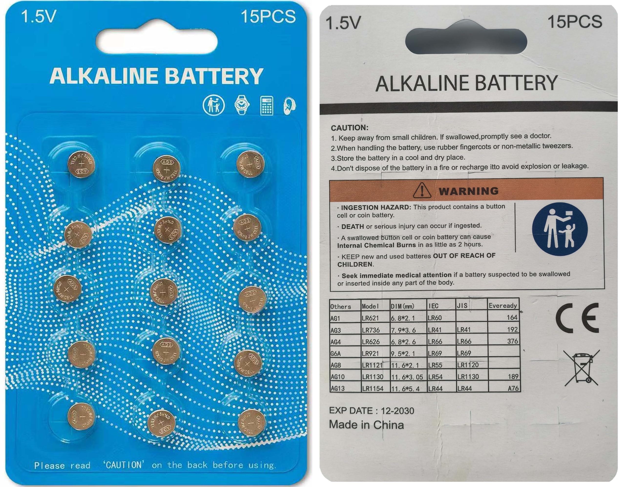 Batterie LR41 AG3 392 384 192 SR41W, confezione da 15, pile a bottone da 1,5 V, prive di mercurio e a tenuta stagna, potenza di lunga durata