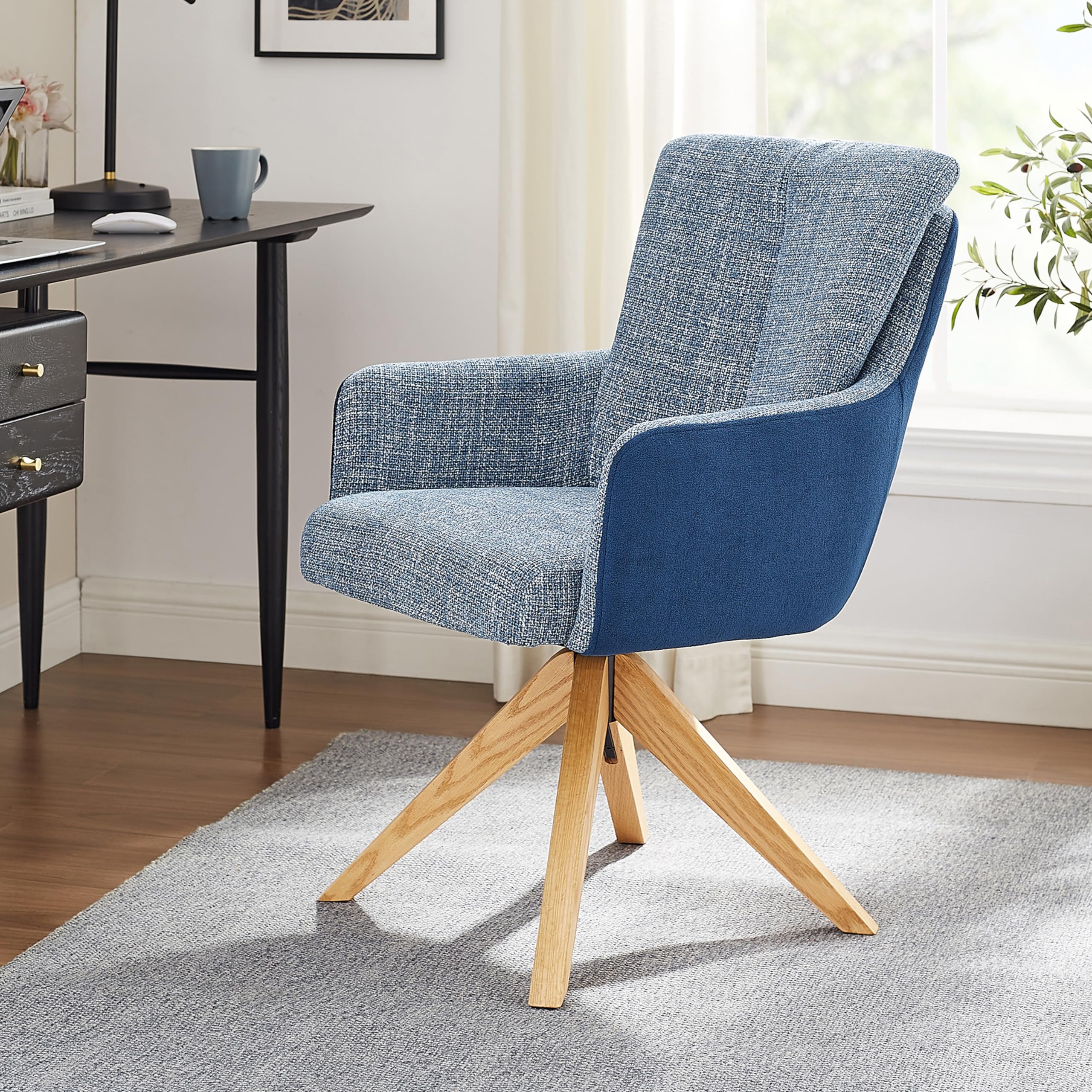 Art Leon Mid Century Desk Chair - Office Chair No Wheels, Modern Swivel Accent Chair, Fabric Upholstered Armchair with Oak Wood Legs for Living Room