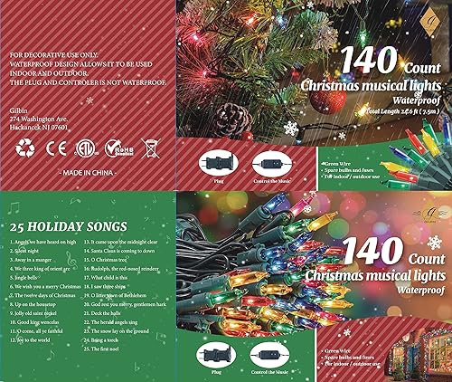 Miniatura 3 de GILBIN - Bombillas impermeables para uso en exteriores, luces musicales de Navidad multicolor – Reproduce 25 canciones clásicas de vacaciones – 8