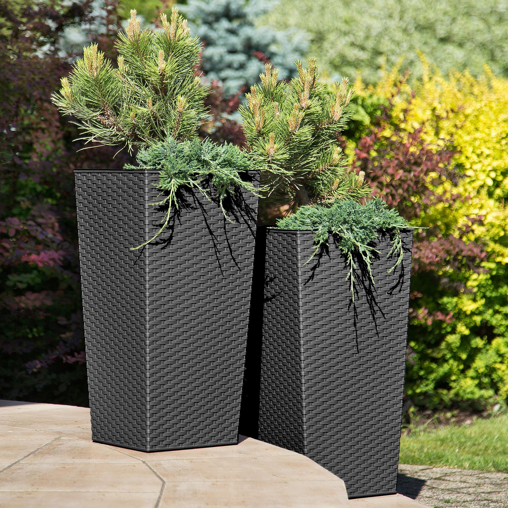 KADAX Lot de 3 Set de 3 Pots de Fleurs Hauts – H 57/68/75 cm – Rotin Graphite – intérieur/extérieur – pour Balcon, Jardin ou Salon
