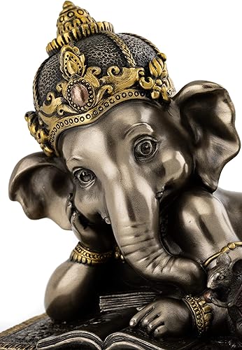 Miniatura 7 de Top Collection Young Ganesh - Estatua de lectura con ratón, elefante hindú, señor del éxito en bronce fundido en frío de primera calidad, figura
