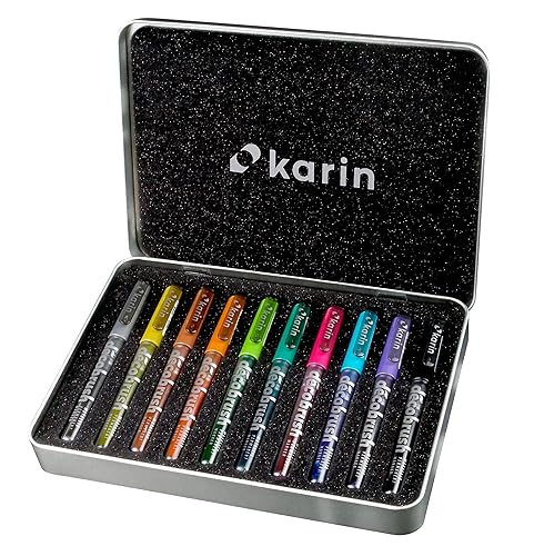 Karin DecoBrush Metallic Markers Set, Permanent Metallic Paint Pens for Black Paper & Scrapbooking, 10 Brushtip Paint Markers in Gold, Silver & More, 10pc in Metal Storage Box