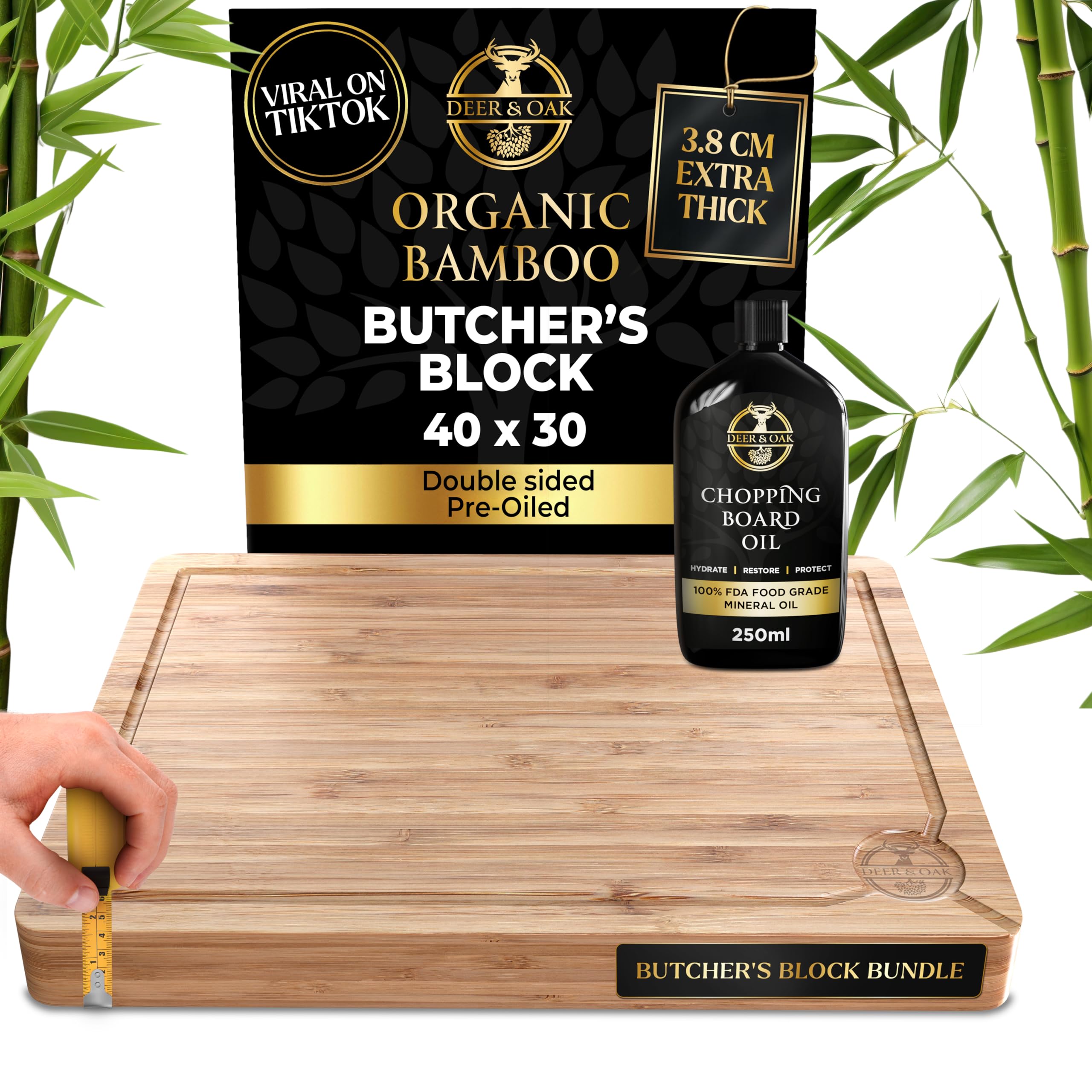 Deer & Oak Extra Large Chopping Board & Oil Bundle - 40 x 30 x 3.8cm Extra Thick Wooden Bamboo Butcher's Block and 250ml Chopping Board Oil Set — image 1