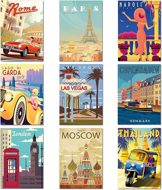 9 x Vintage Travel Posters from Olivia Samuel. A4 Size Wall Art on Thick 350gsm Card. Set 1 ** UNFRAMED **