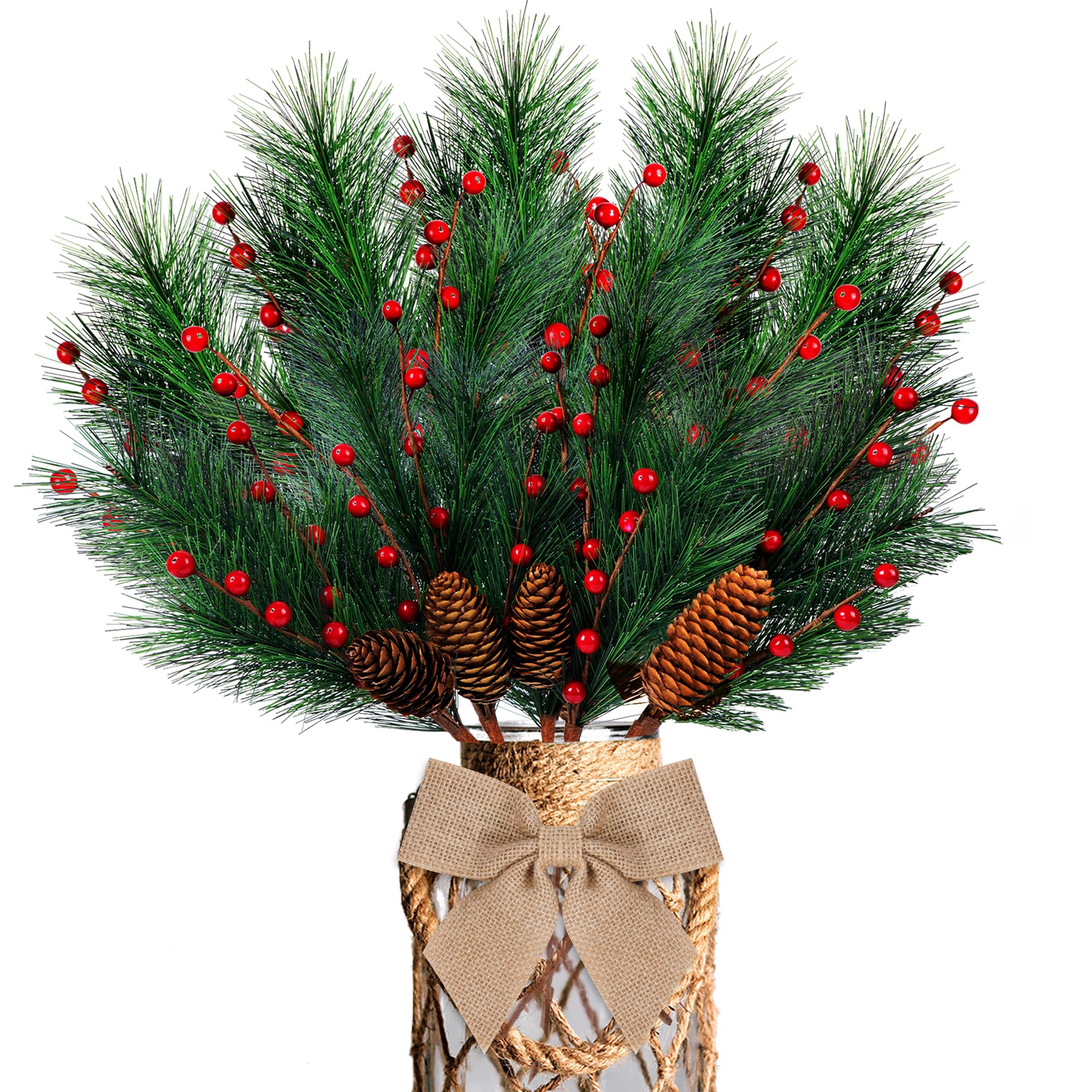 Künstliche Weihnachtsbeeren, Tannenzweige mit Schleife für Kranz, DIY, künstliche Tannenzapfen, Blumenarrangement, Weihnachtszeit, Tischdekoration und Weihnachtsbaumdekoration, keine Vase, 5