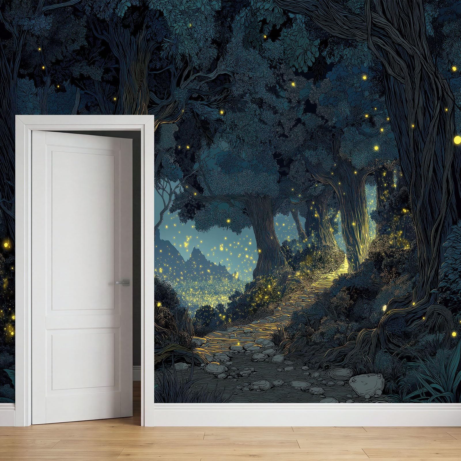 Générique Tapeta 3D panoramiczny obraz ścienny 350 x 256 cm fantazja magia las świetliki tapeta gobelin panoramiczny plakat salon dekoracja ścienna do pokoju dziecięcego, niebieski szary