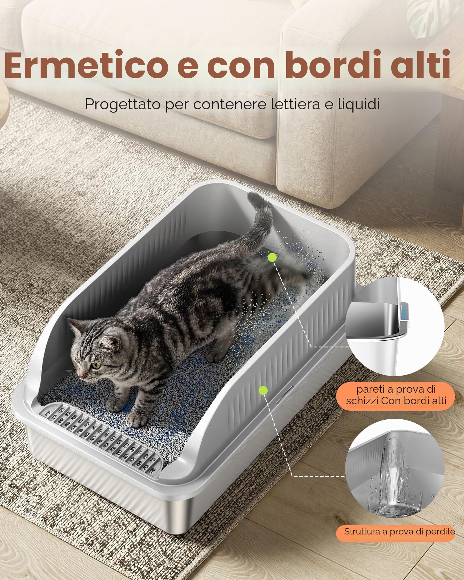 Lettiera Gatto Acciaio Inox, Lettiera per Gatti con Paletta, Toilette per Gatti Grande XXL, Sabbiera Alta Rimovibili, Antiodore, Facile da Pulire, Antiaderente e Spaziosa, Grigio Chiaro