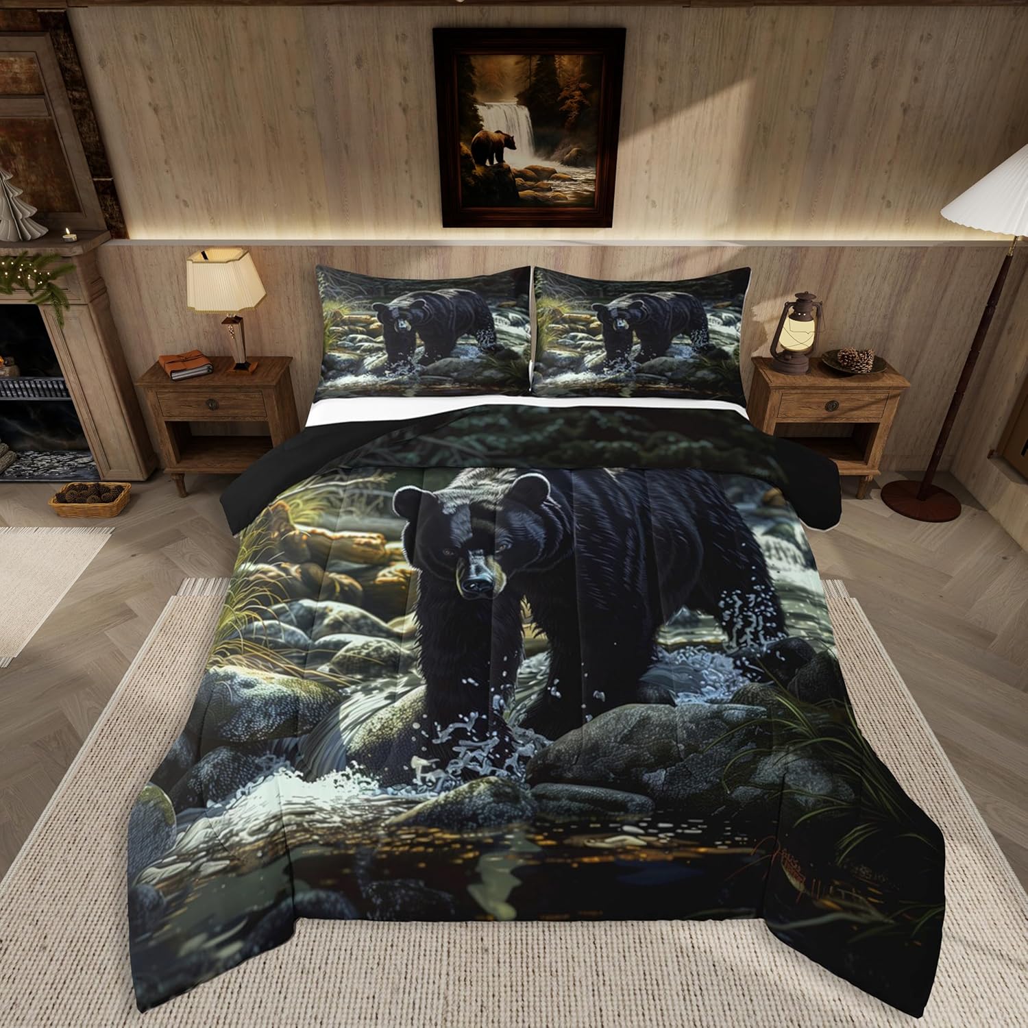 jejeloiu Brown Bear Comforter Set All Season Wild Animal Bedding Set with 2 Pillow Cases Rustic Cabin Country Microfiber Kids Queen Bedclothes Nature Wildlife Bear Bedroom Decor Duvet Quilt