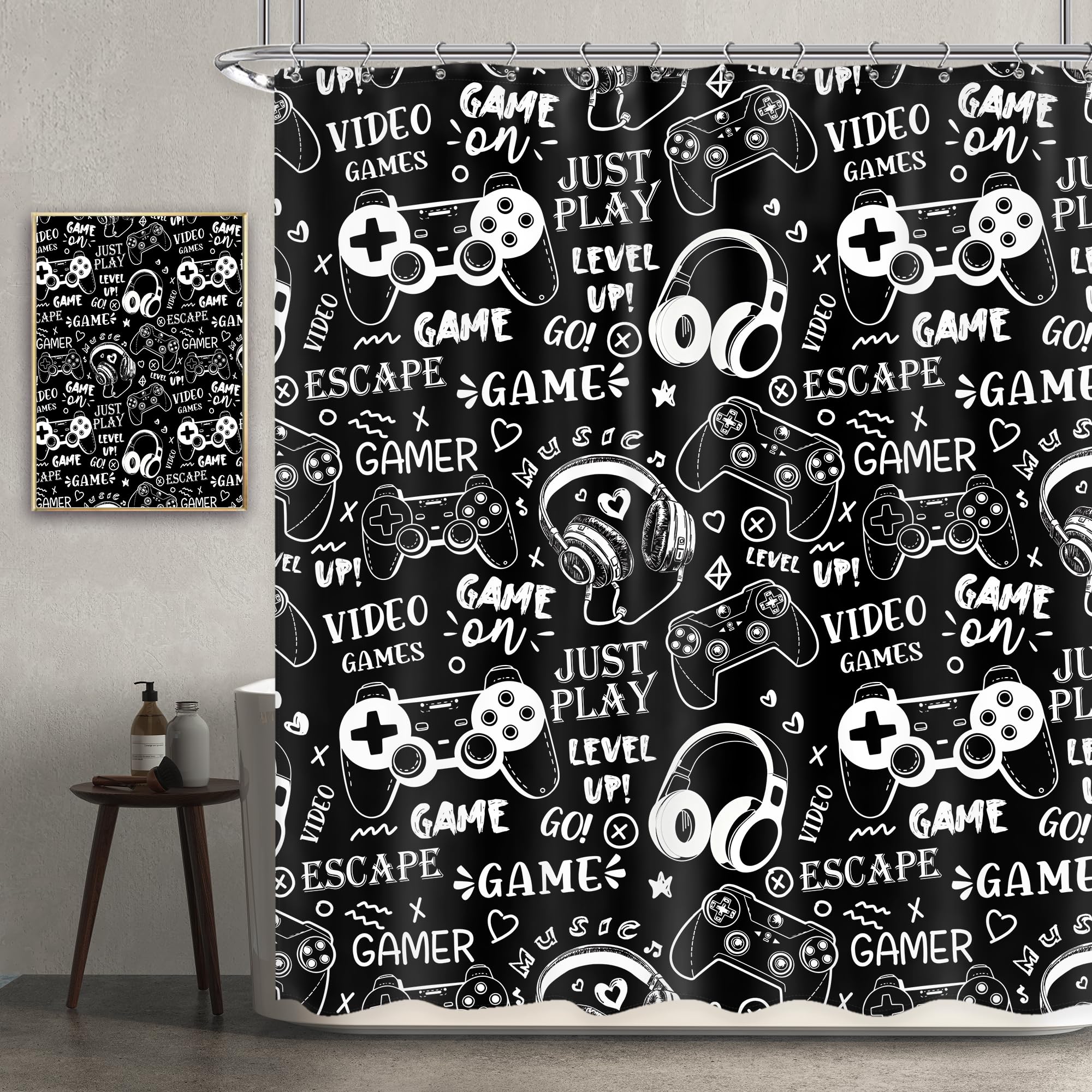Newsely Boys Gamer Shower Curtain 60Wx72H Inch Video Game Teens Kids Black White Graffiti Gamepad Gaming Controller Shower Curtain Bathroom Set Cool Waterproof Bath Decoration Accessories Home Decor — image 1