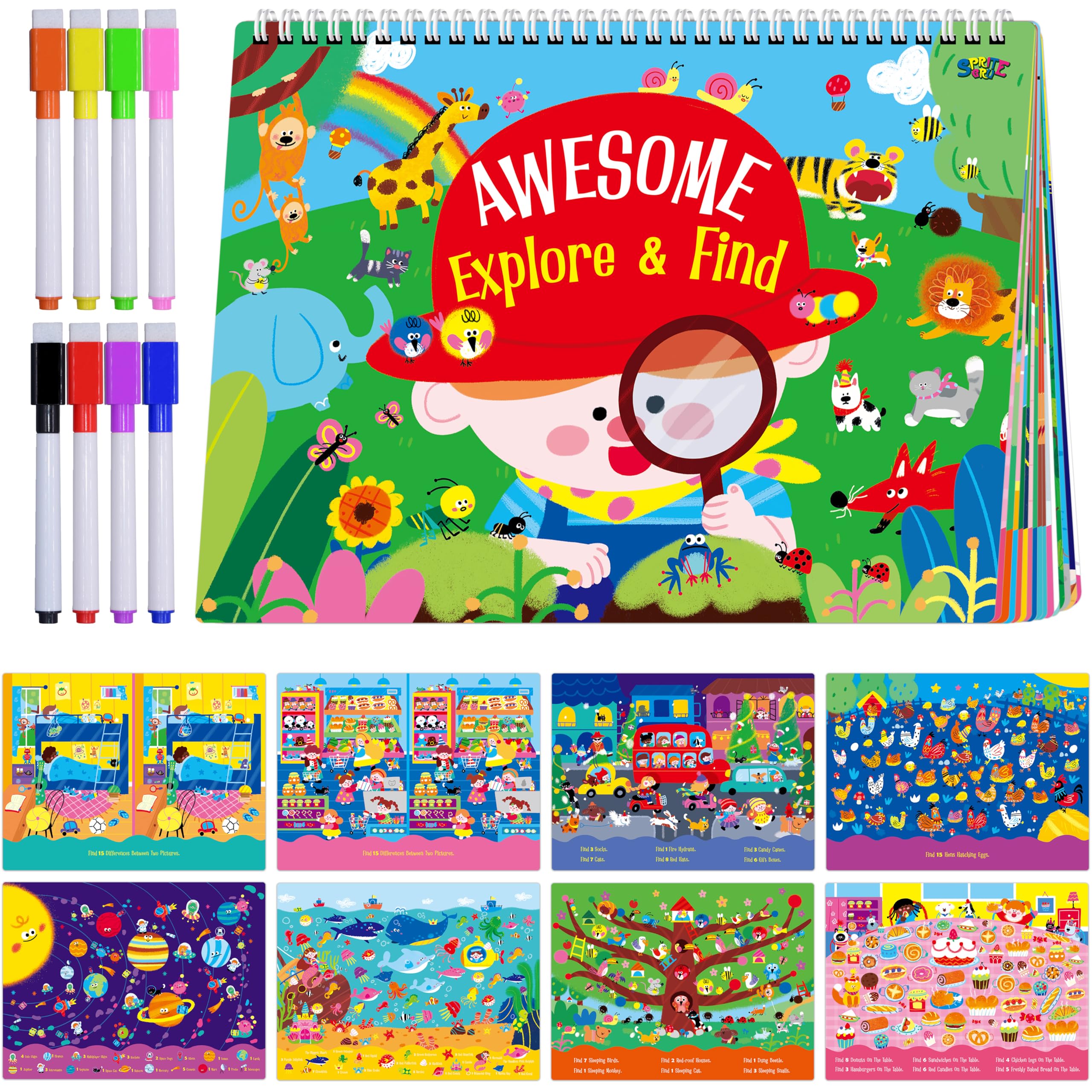 30 Dry Erase Activities Book, Reusable & Erasable Game Pad, Explore and Find Games Montessori Learning Tool Educational Autism Sensory Toys for Kids,