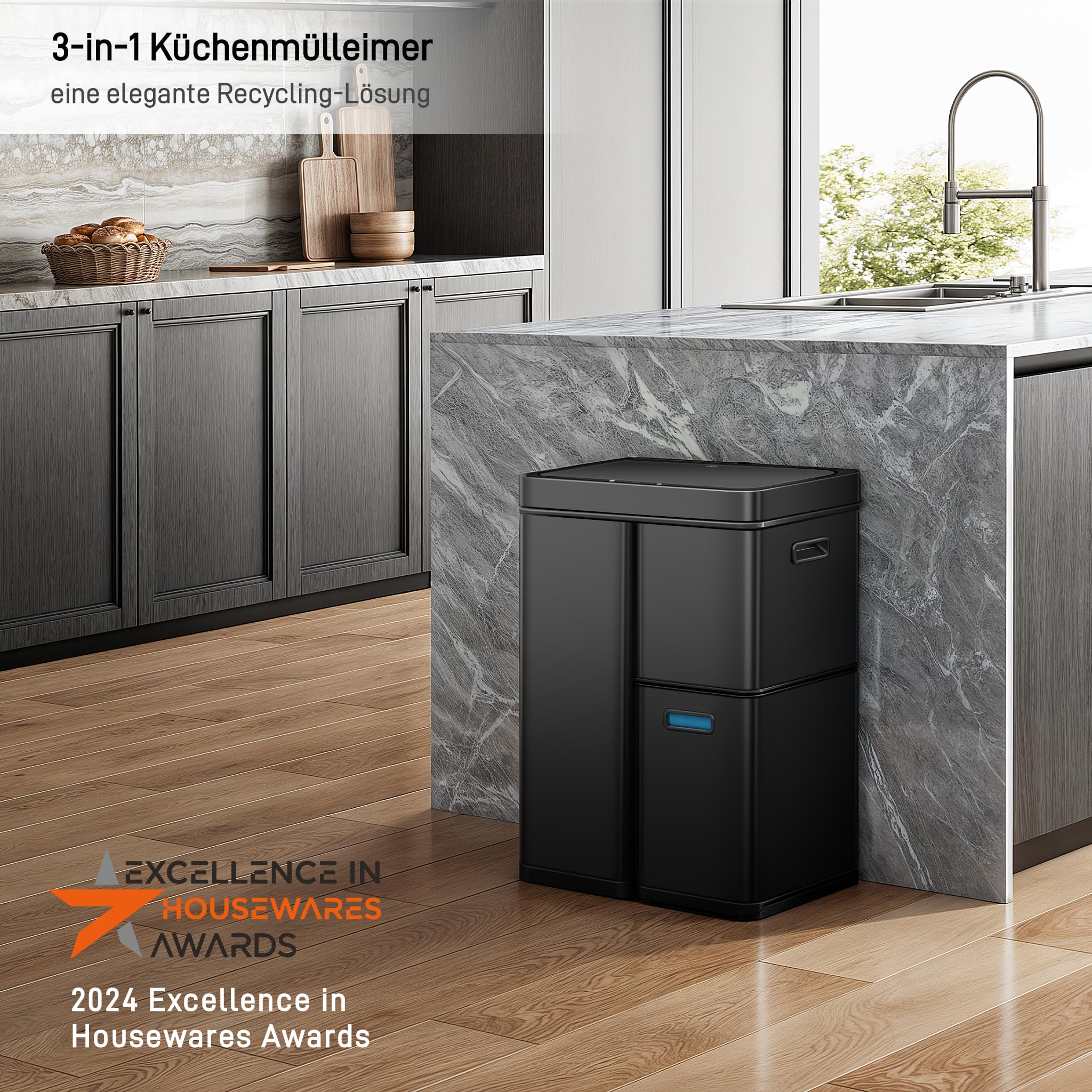EKO Mirage Plus kosz na śmieci z 3 przegródkami, 2 x 15 l i 30 l, kosz na śmieci z recyklingu, z czujnikiem, 3 pojemniki wewnętrzne z tworzywa sztucznego, automatyczny kosz na śmieci z pokrywką, duży