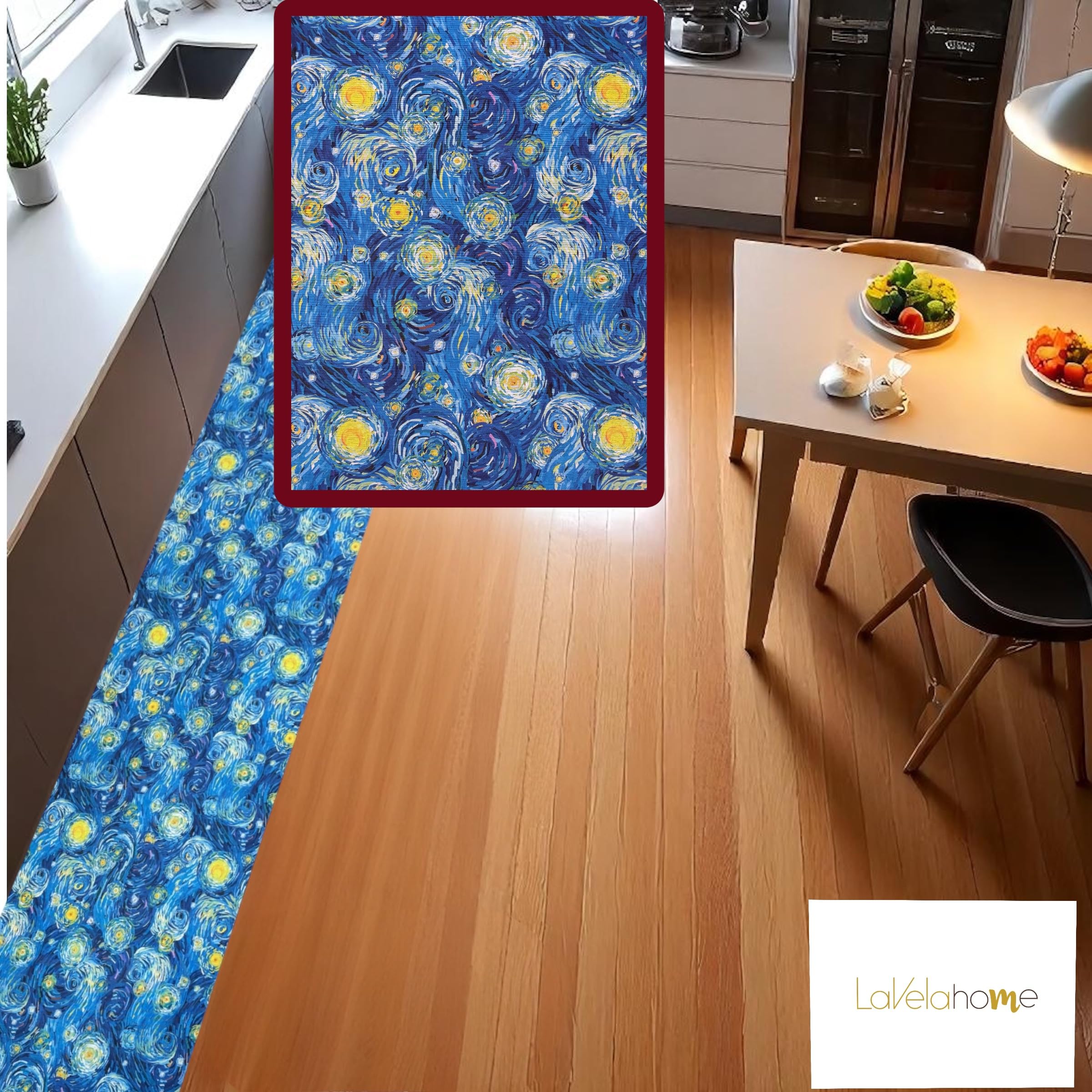 LaVelahome Tappeto Cucina Artistico Lavabile Antiscivolo – Passatoia Design Moderno Ispirato all’Arte – Misto Cotone Poliestere Sottile, Fondo PVC (cm_50_x_300, Notte Stellata)