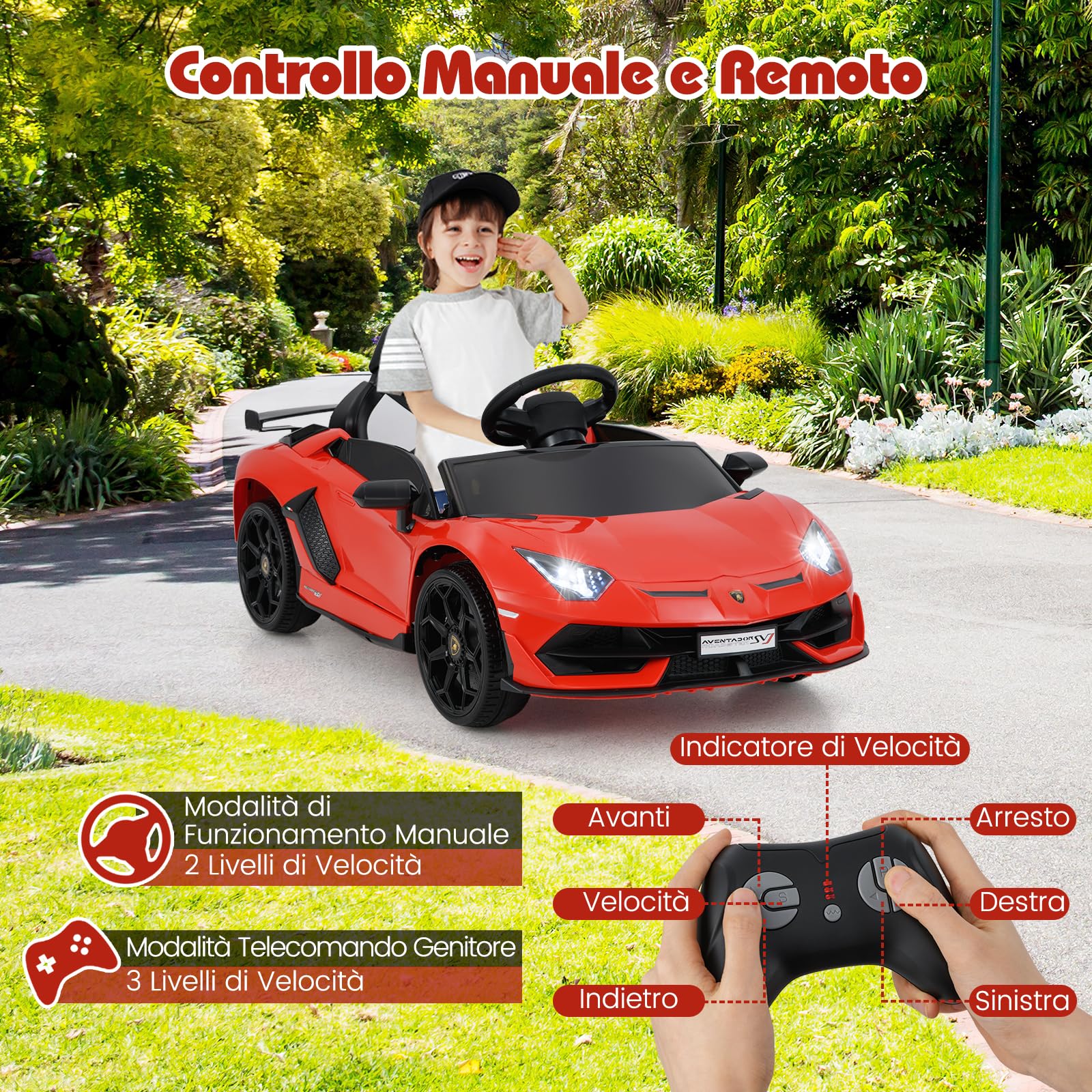 COSTWAY 12V Lamborghini Macchina Elettrica per Bambini, Veicolo Elettrico con Telecomando Sospensione a Molla Luci LED MP3, 3-5 km/h, per Bambini 3 Anni+ (Rosso)
