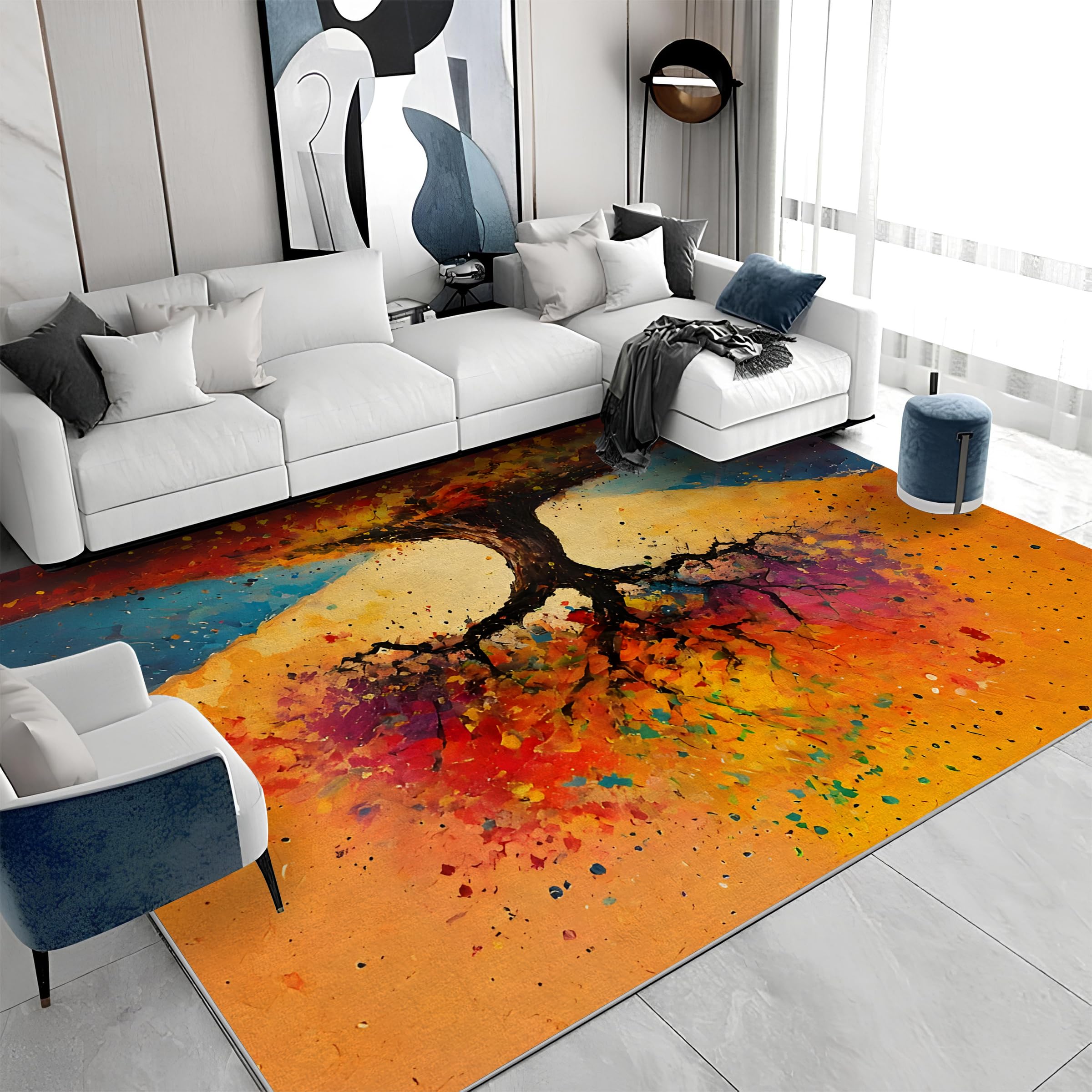 Grand tapis de salon art moderne effet peinture à l'huile haut de gamme