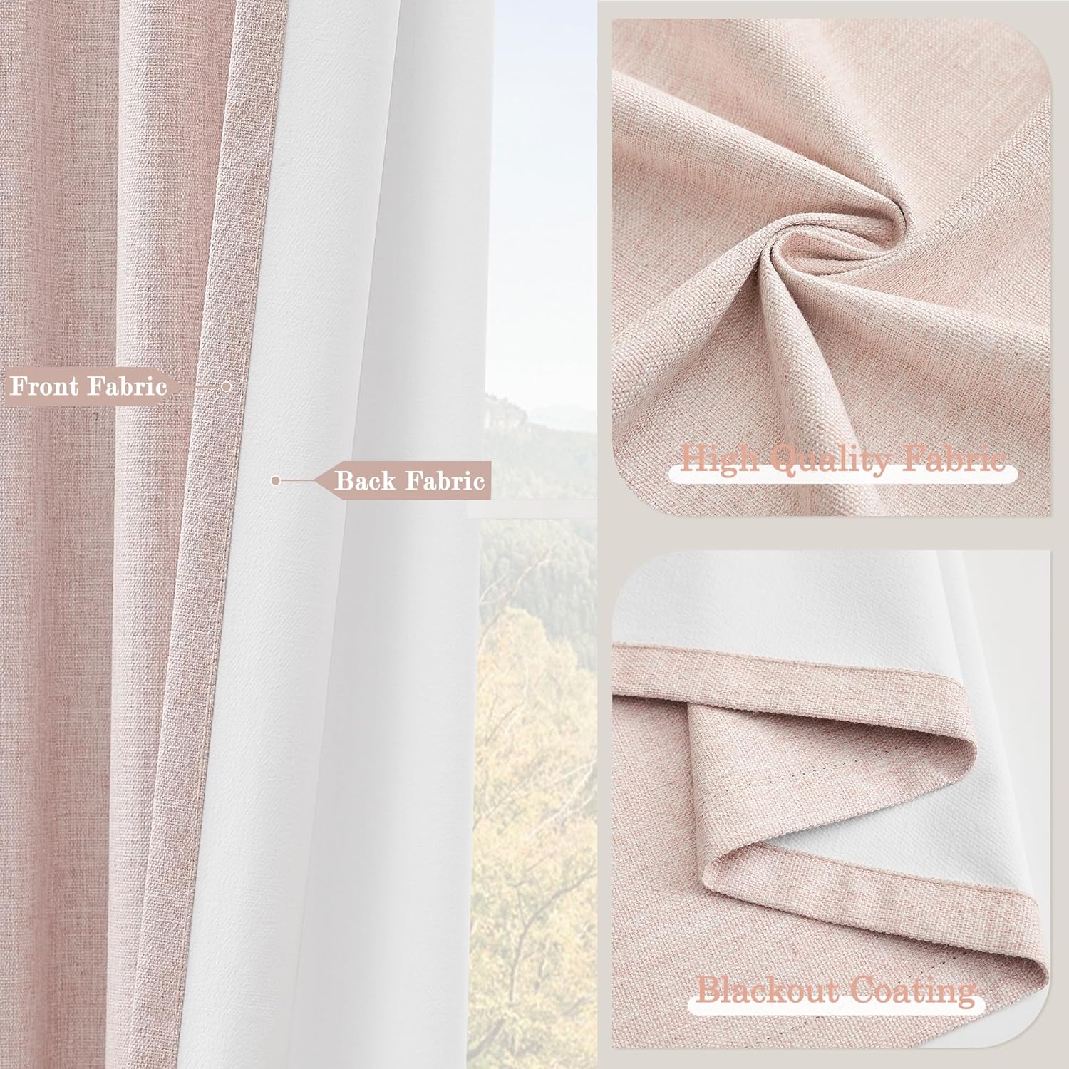 Blackout Curtains 45 Inch Long for Bedroom Living Room 2 Panels Set, Linen Black Out Curtain Thermal Insulated Noise Reducing Room Darkening Pink Drapes with Back Tab