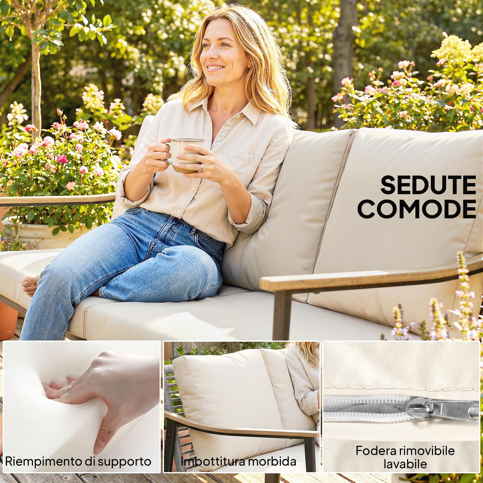 Outsunny Divanetto da Esterno a 3 Posti in Rattan PE, Divano da Esterno con Braccioli Effetto Legno, Cuscini Lavabili, Struttura in Acciaio, Divano da Giardino per Terrazzo, Patio e Balcone, Cachi