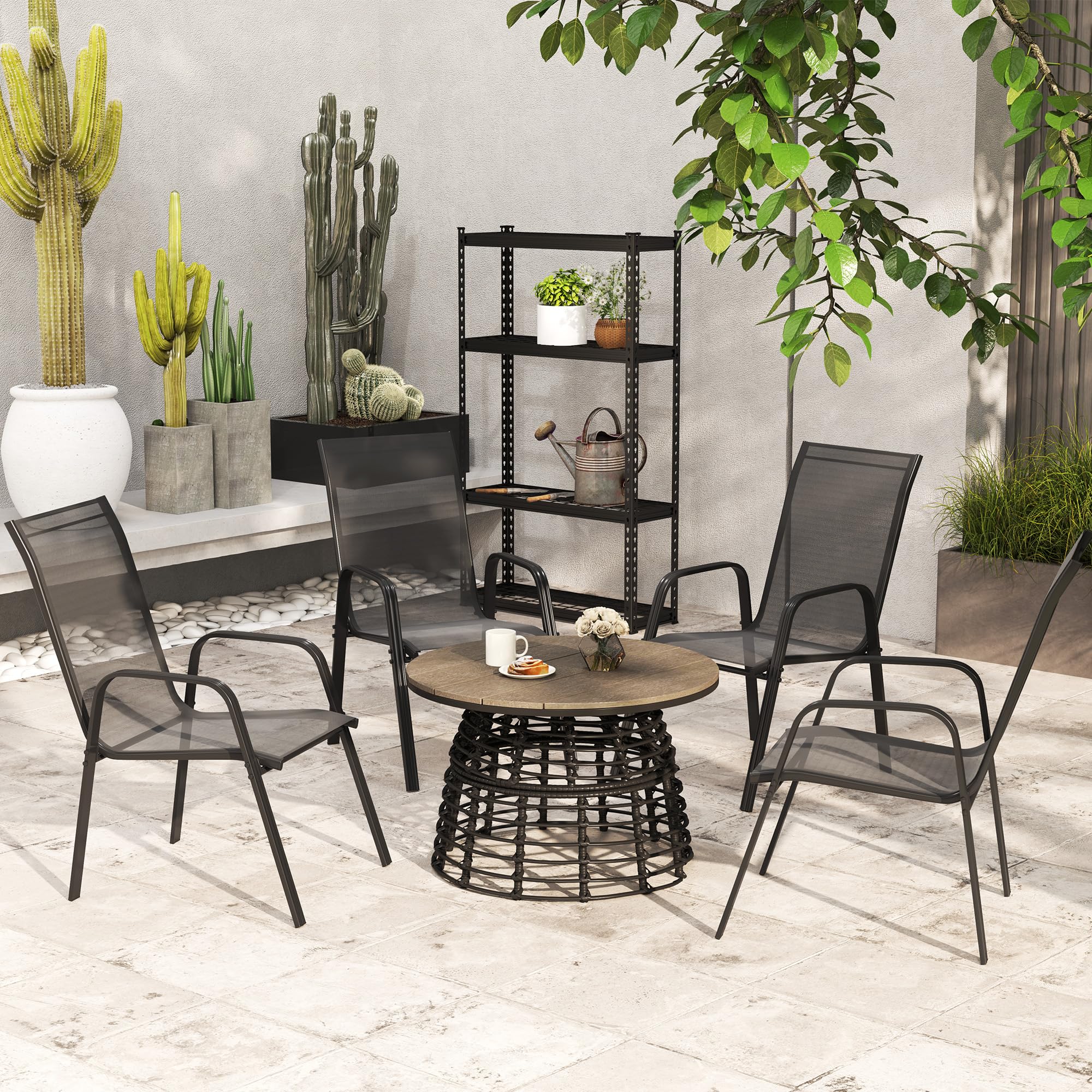 Outsunny Set 4 Sedie da Giardino Impilabili con Braccioli in Metallo e Texteline Impermeabile, 54x75.5x95cm, Nero