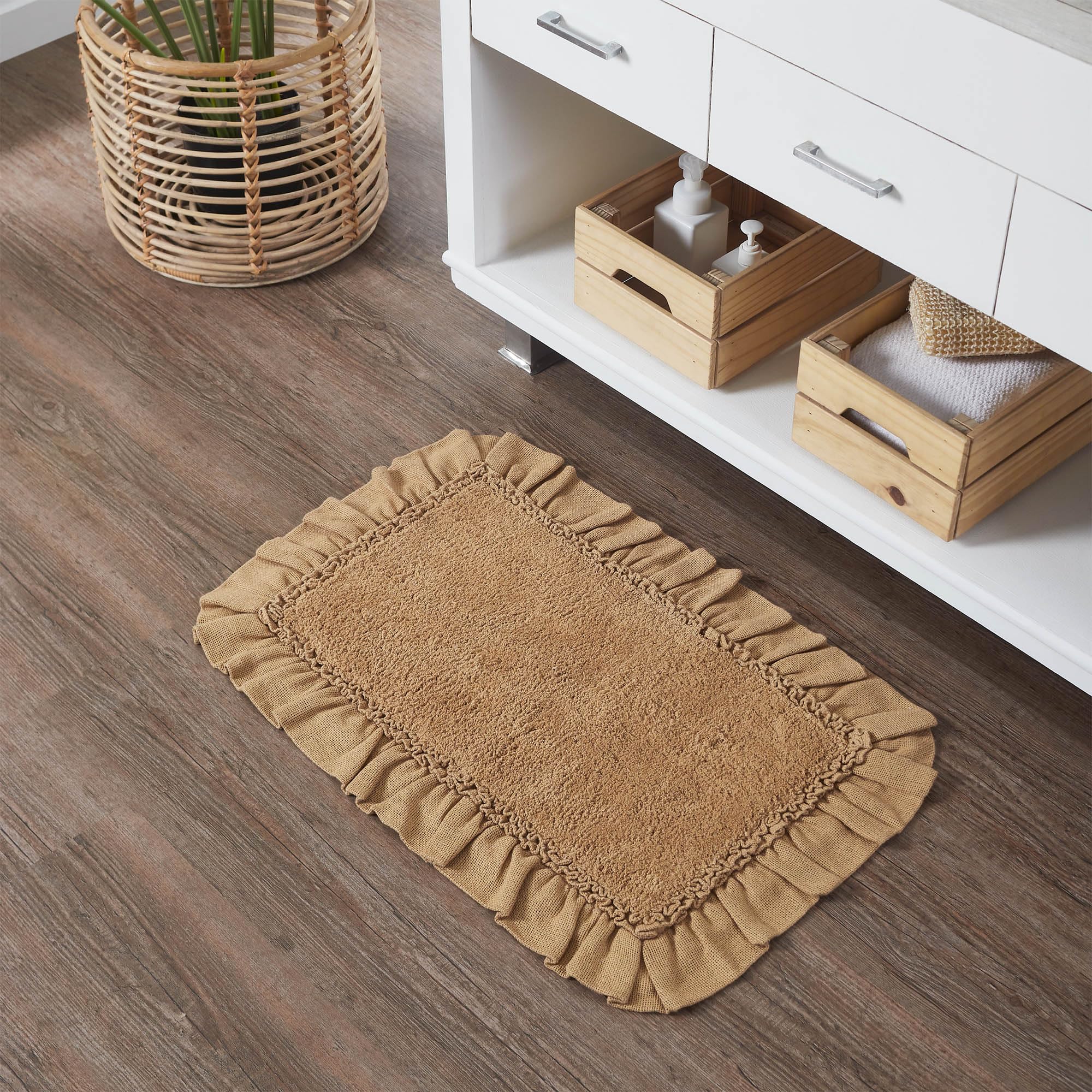 VHC Brands Burlap Ruffled Bath Mat, Natural Tan, 20x30