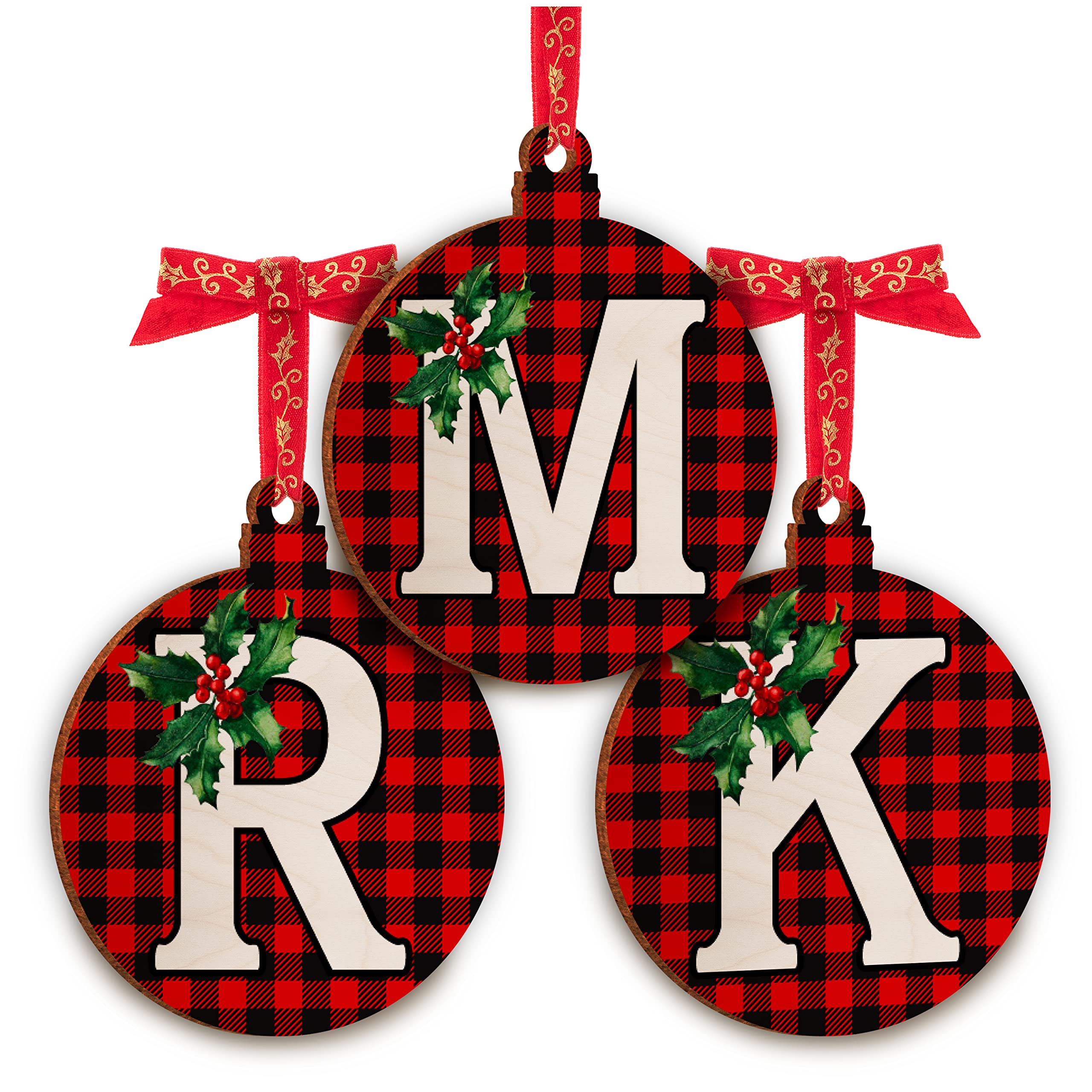People People Christmas Tree Hanging Ornament - Monogrammed Xmas Wood Decor Gift - Noel Wooden Gifts for Housewarming & Christmas - Red and Black Pattern Initial Ornament